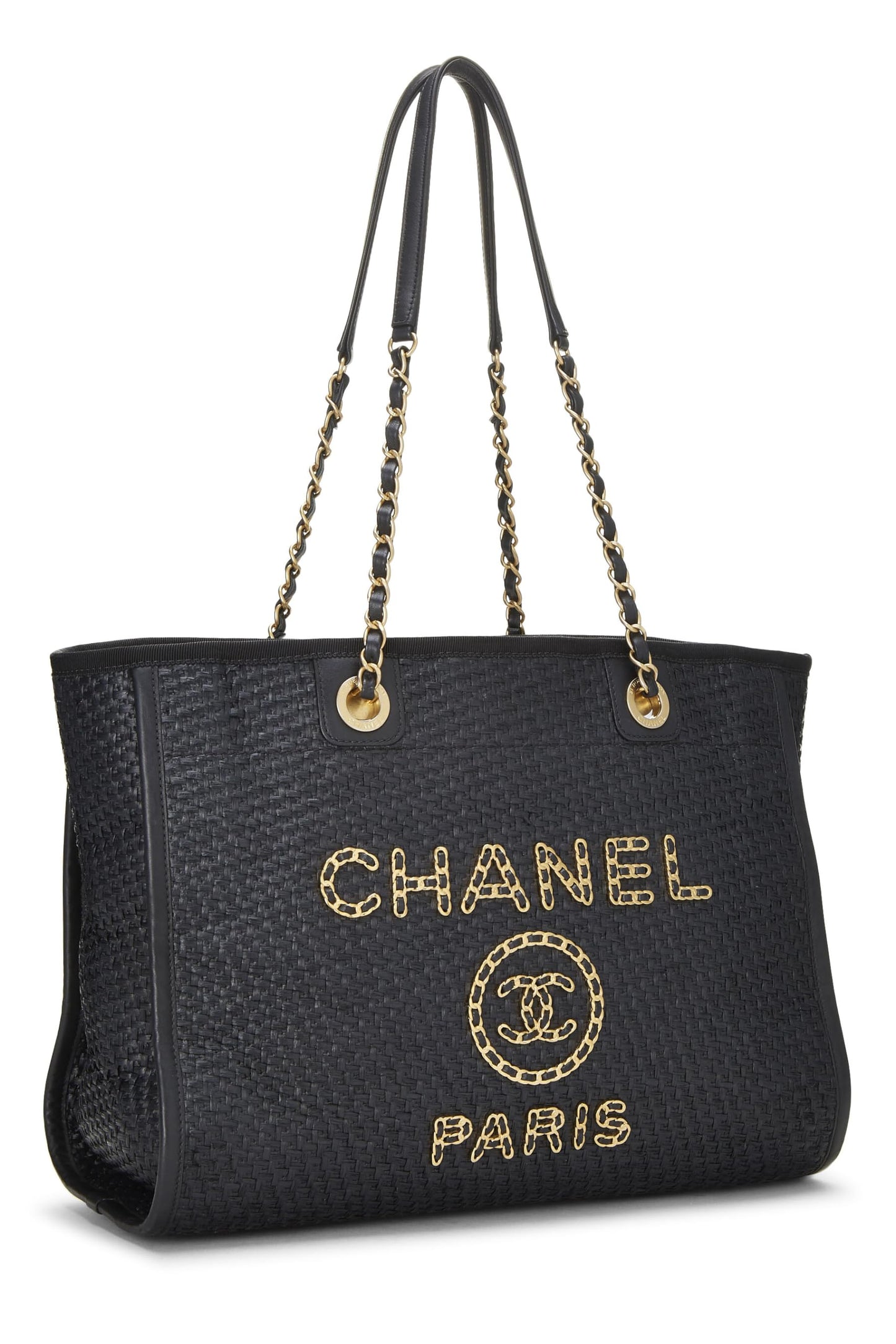 Chanel, Black & Natural Woven Raffia Deauville Tote Medium, Black