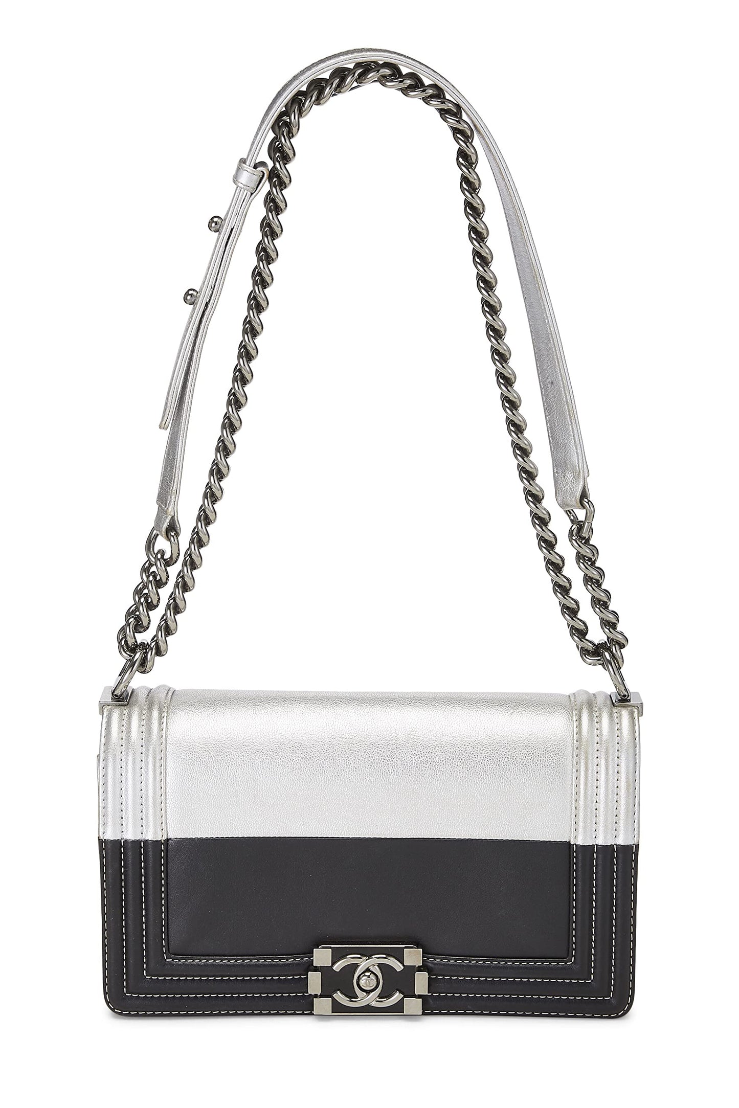 Chanel, Black & Metallic Silver Bi-Color Calfskin Boy Bag Medium, Multi