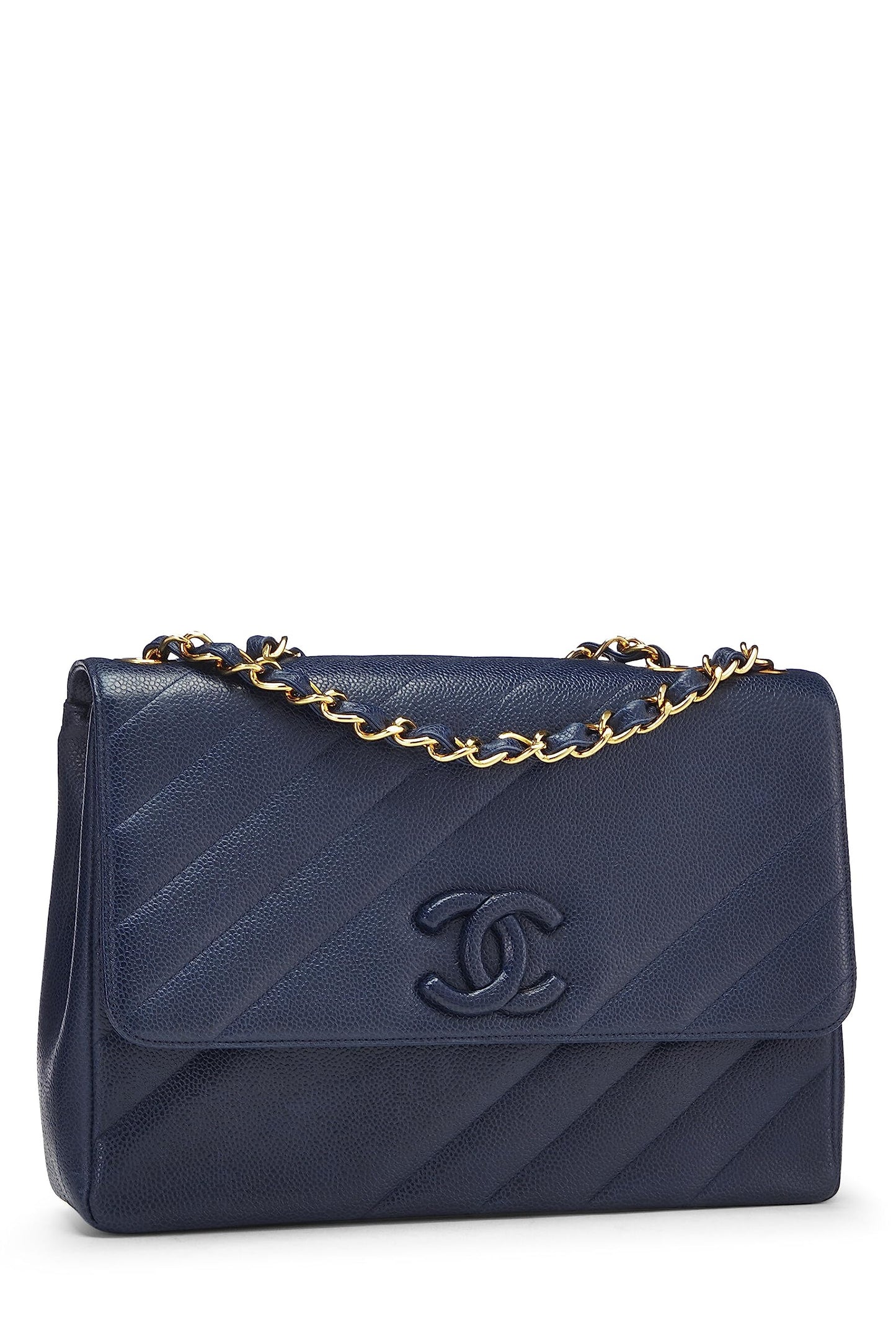 Chanel, Navy Caviar Diagonal Jumbo Flap, Blue