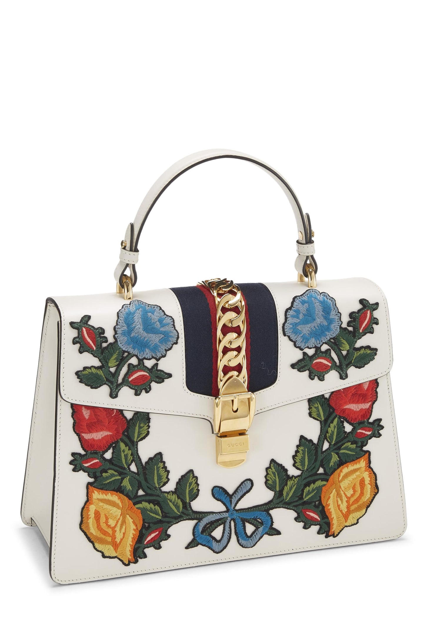 Gucci, White Leather Embroidered Sylvie Top Handle Bag Medium, White