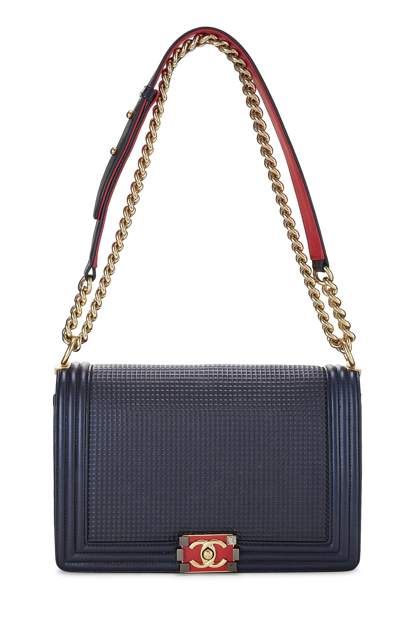 Chanel, Navy Cube Embossed Calfskin Boy Bag Large, Navy