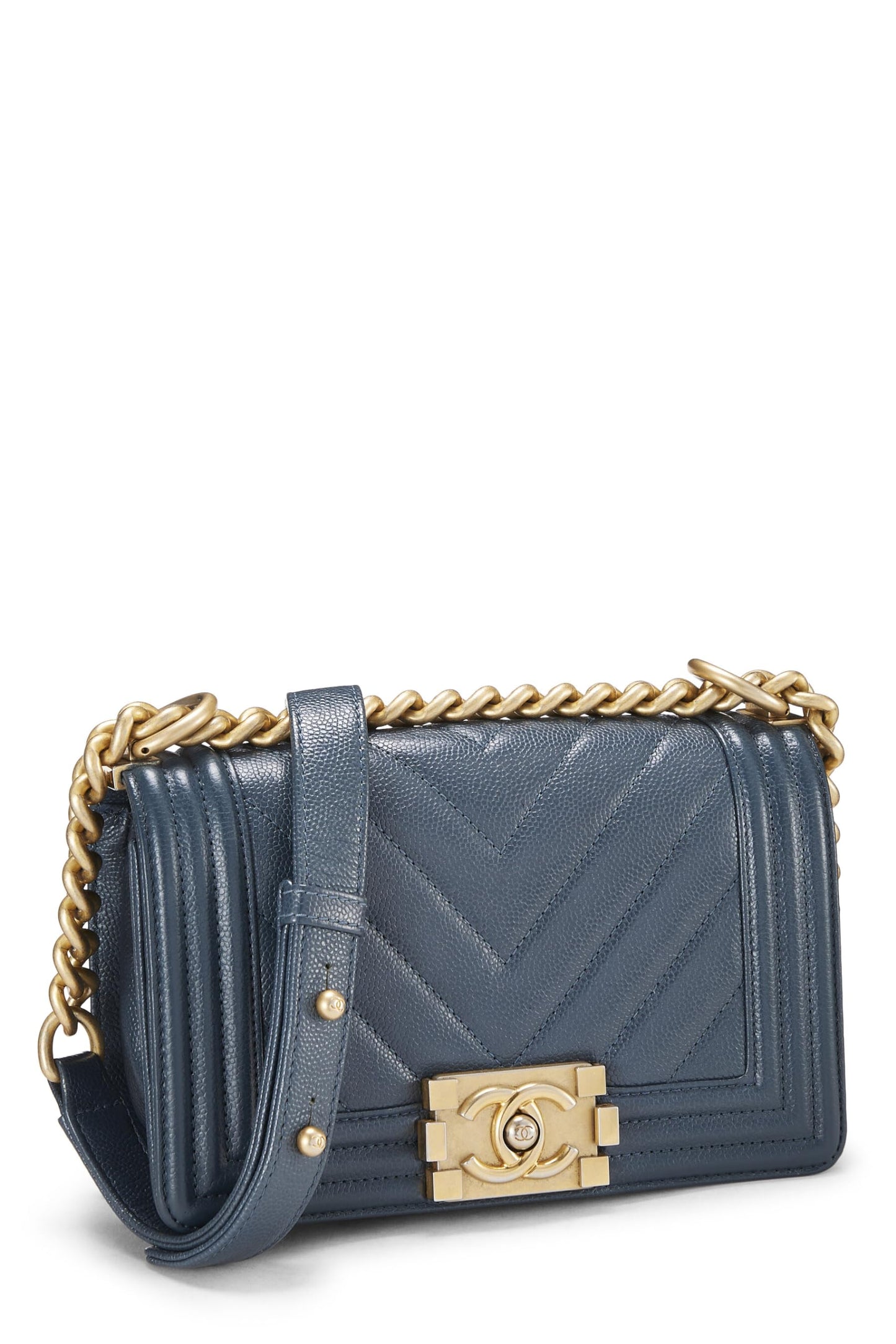 Chanel, Blue Chevron Caviar Boy Bag Small, Blue