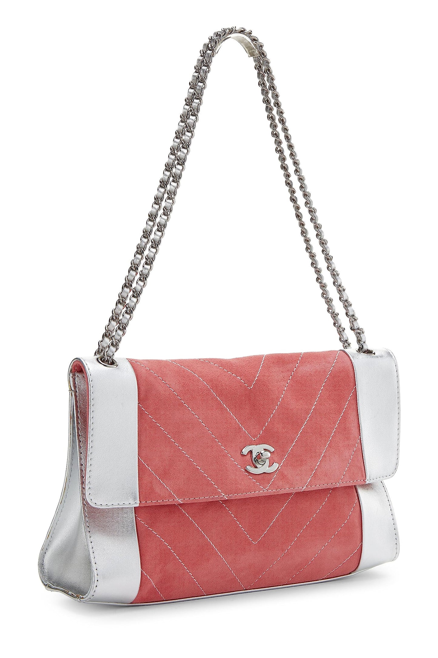 Chanel, Pink Suede & Silver Leather Chevron Flap Medium, Pink