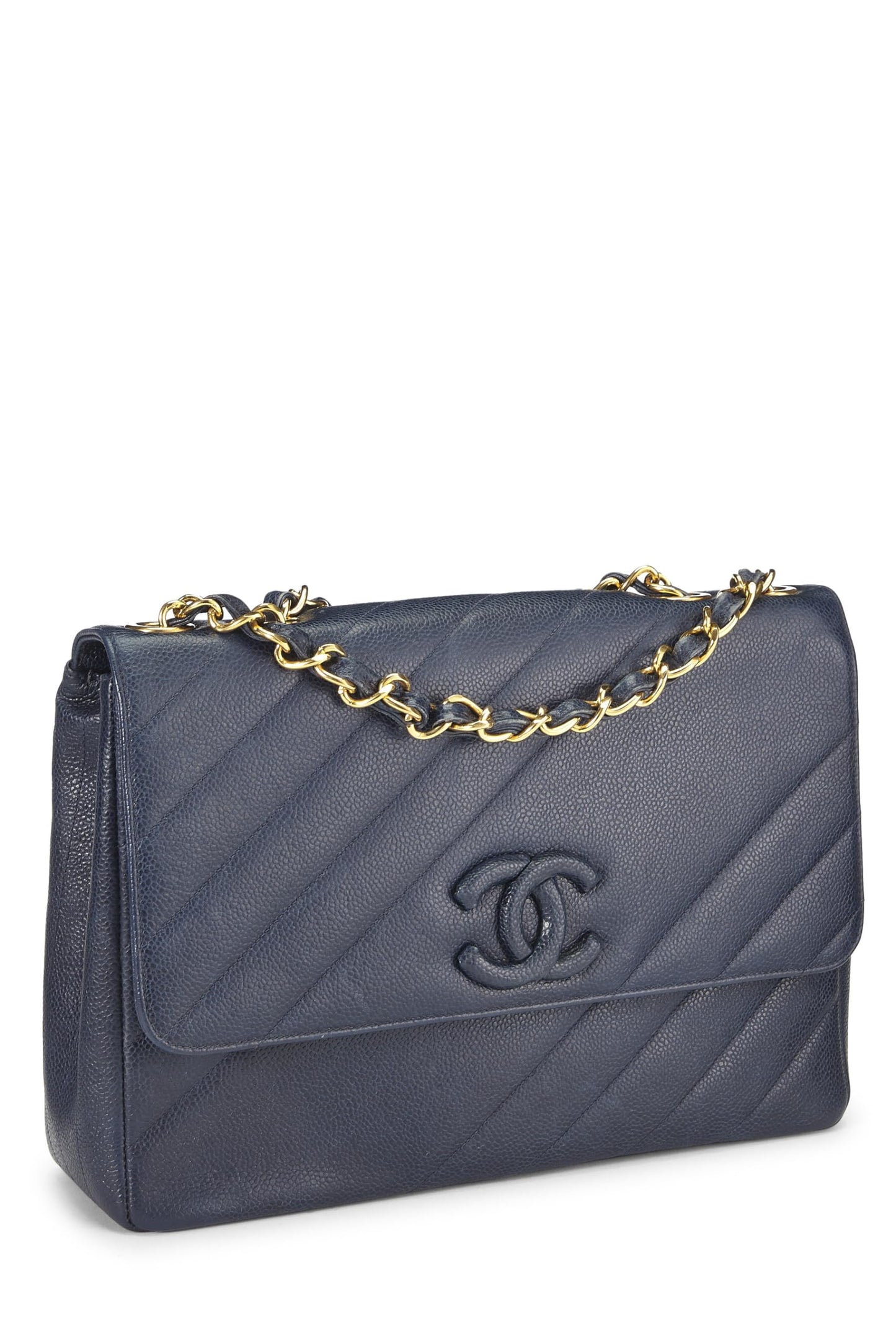 Chanel, Navy Caviar Diagonal Quilted Shoulder Bag Jumbo, Navy