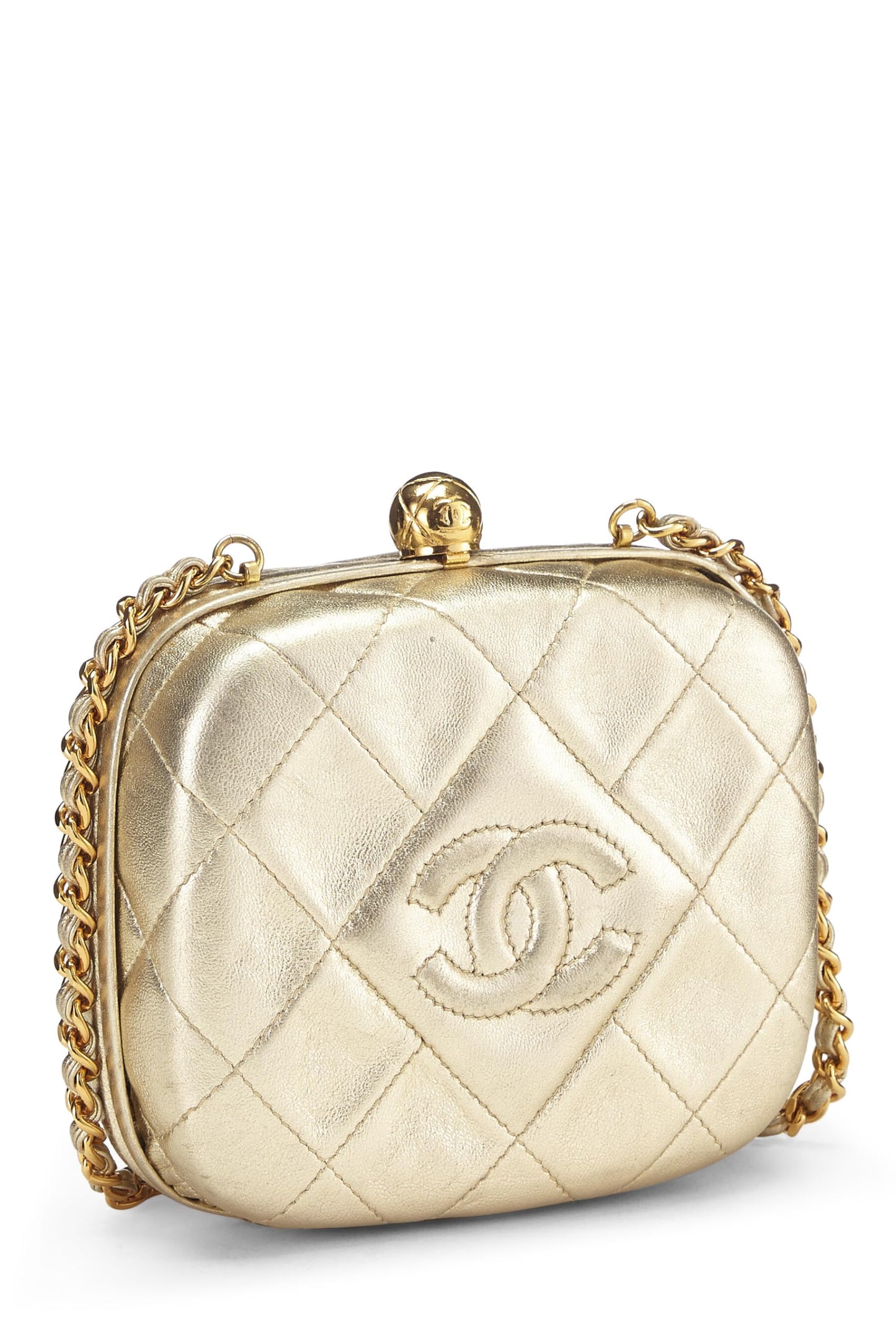 Chanel, Metallic Gold Quilted Lambskin Kiss Lock Crossbody Bag, Gold