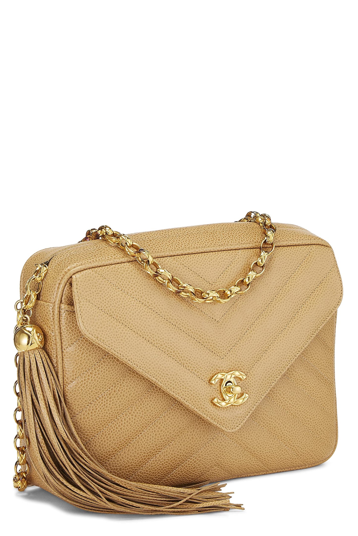 Chanel, Beige Chevron Caviar Pocket Camera Bag Medium, Beige