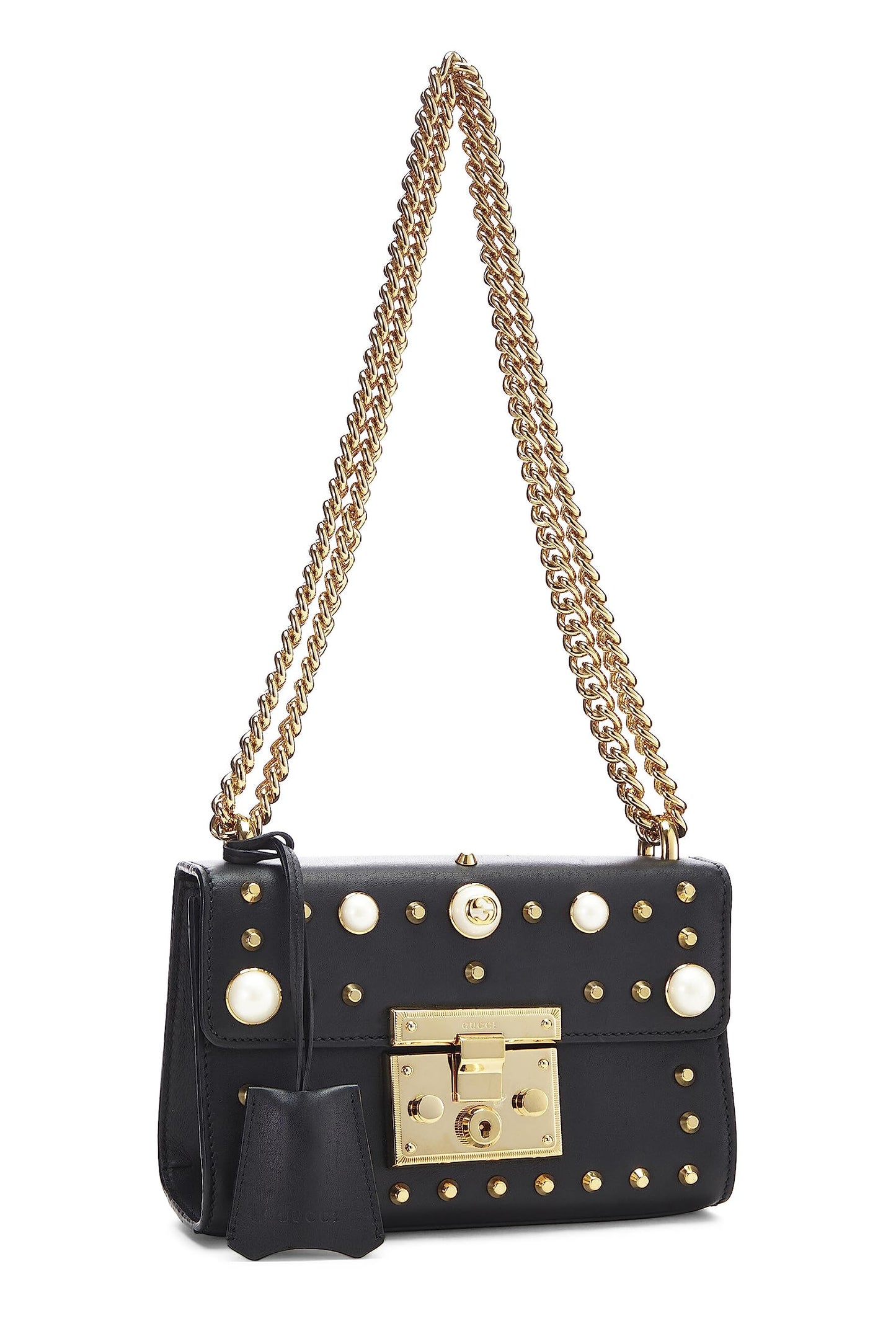 Gucci, Black Leather Studded Padlock Shoulder Bag Small, Black