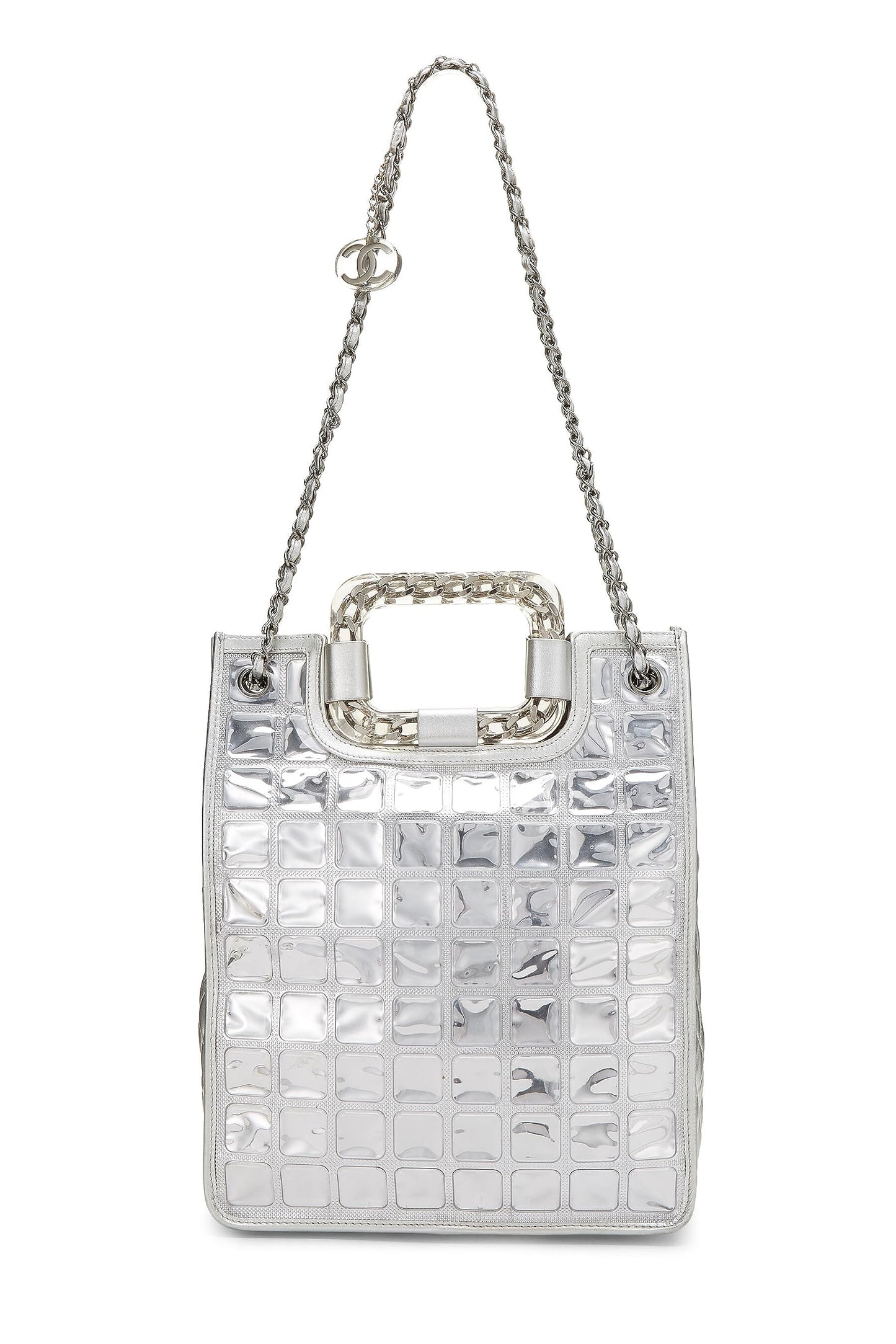 Chanel, Metallic Silver Quilted Leather Ice Cube Shopping Tote, Silver