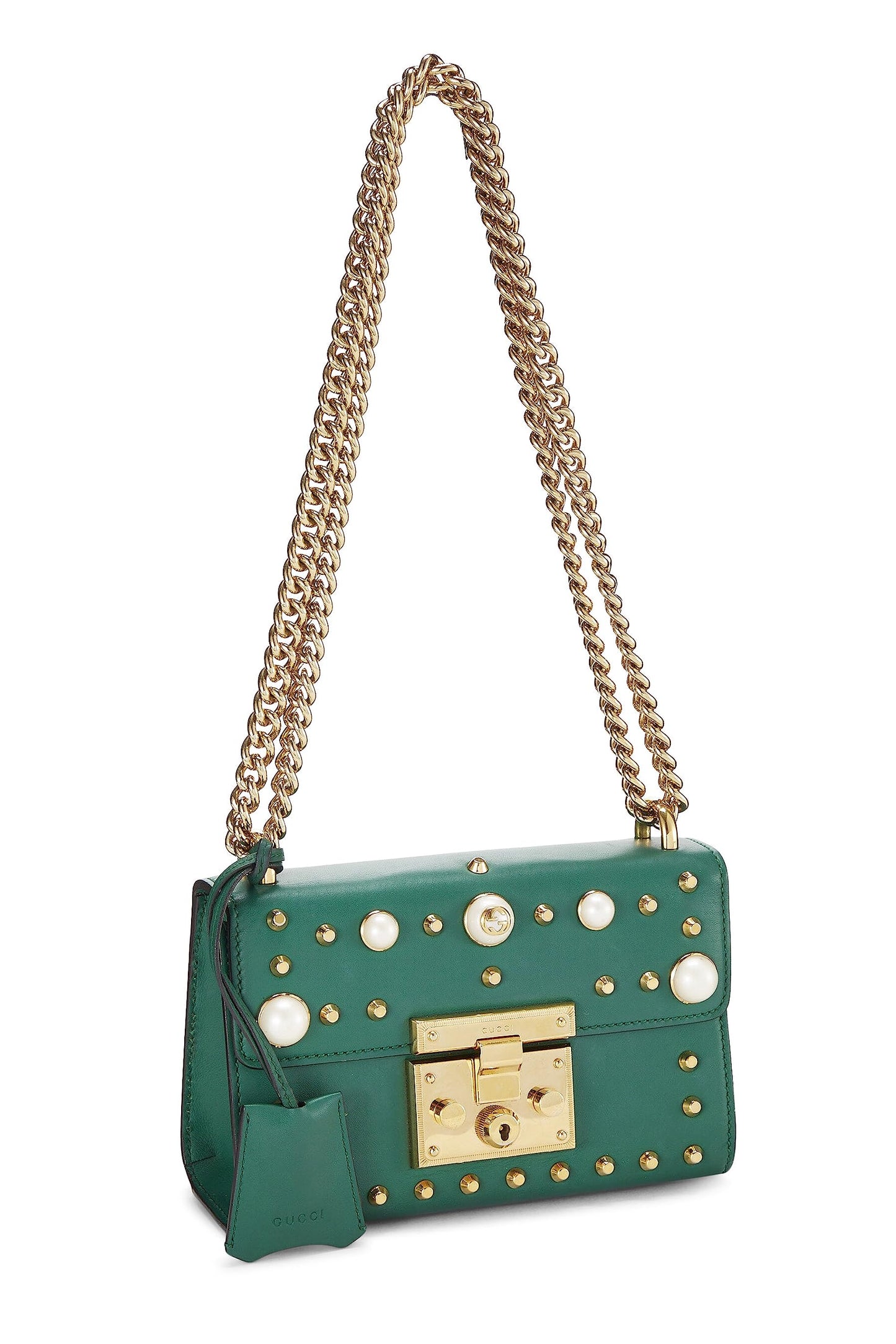 Gucci, Green Leather Studded Padlock Shoulder Bag Small, Green