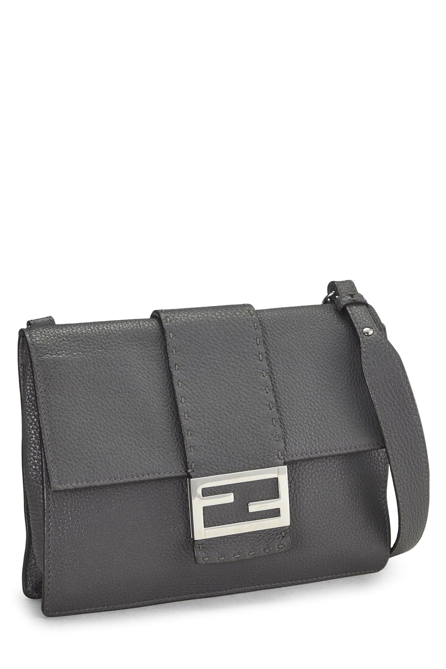 Fendi, Grey Leather Flat Baguette Bag Medium, Grey