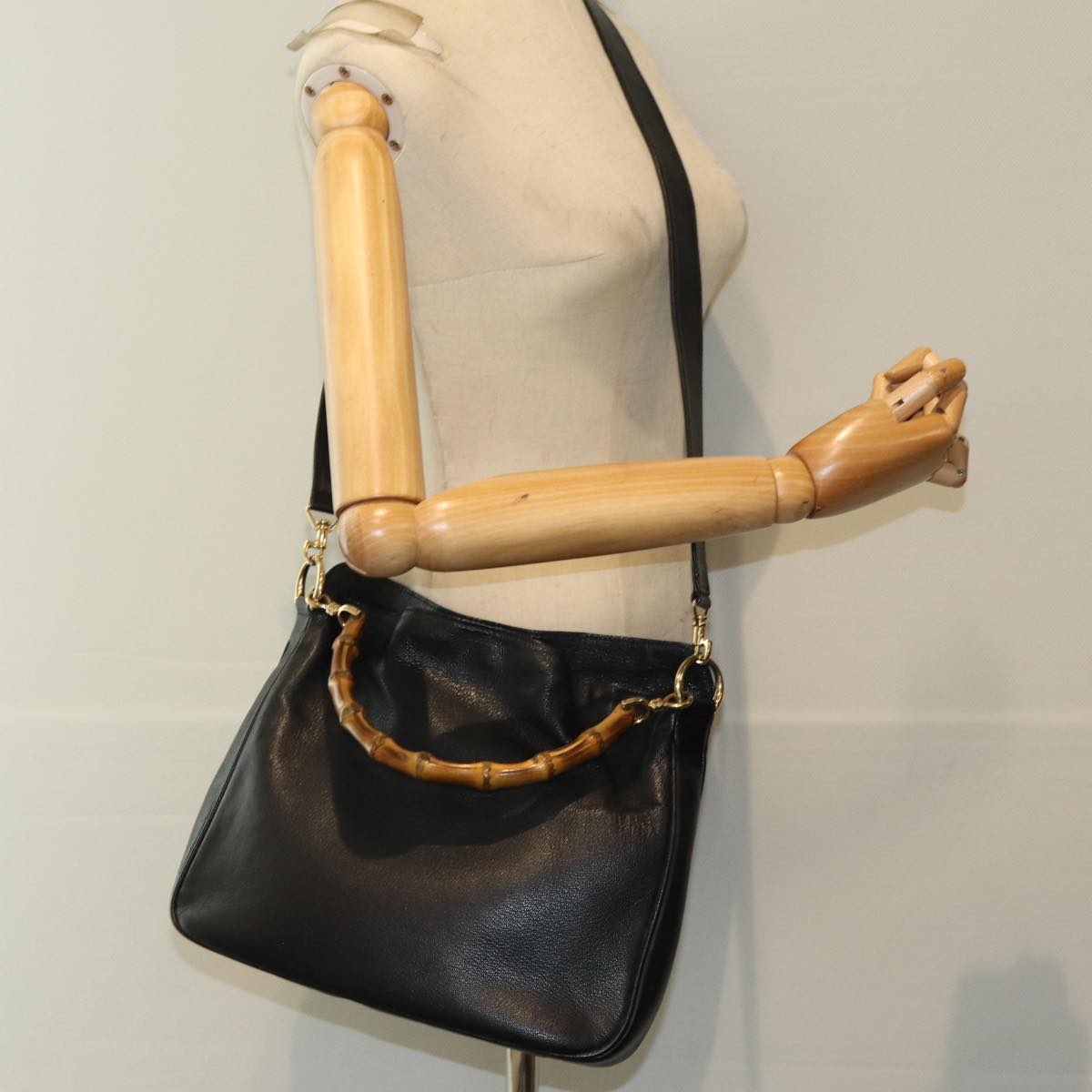 GUCCI Bamboo Hand Bag Leather 2way Outlet Black 83657