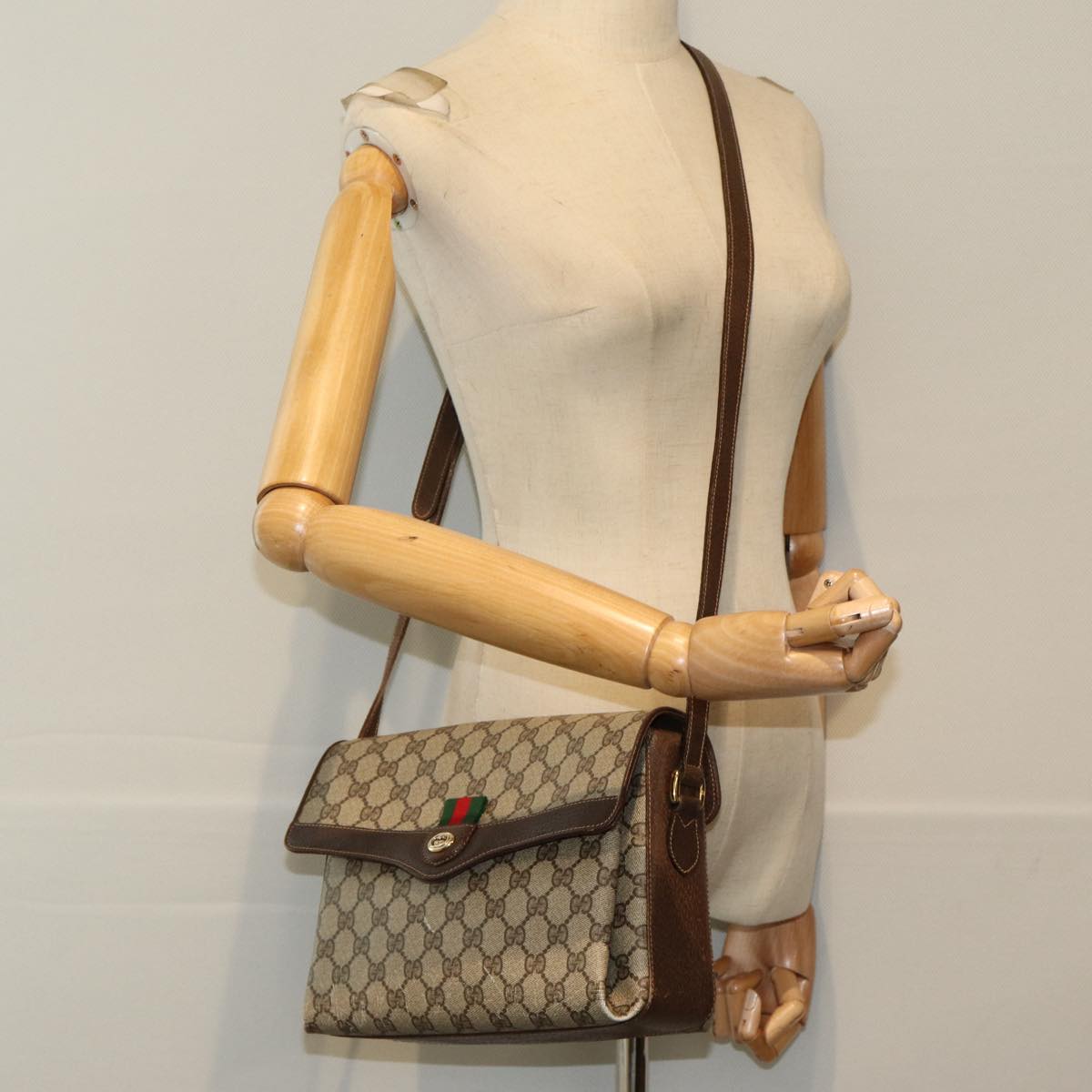 GUCCI GG Supreme Web Sherry Line Shoulder Bag PVC Beige 83722