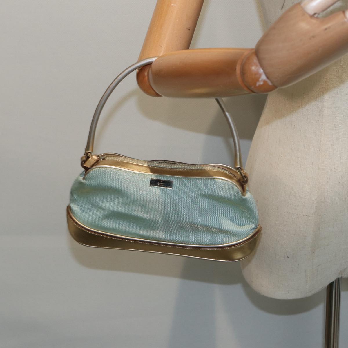 GUCCI Hand Bag Canvas Gold Light Blue 86832
