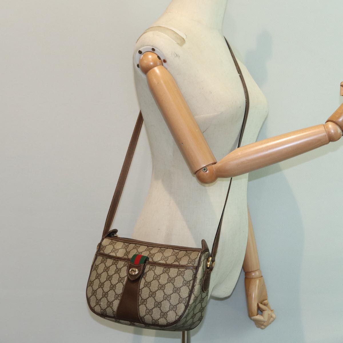 GUCCI GG Supreme Web Sherry Line Shoulder Bag PVC Beige 89 02 032 88669
