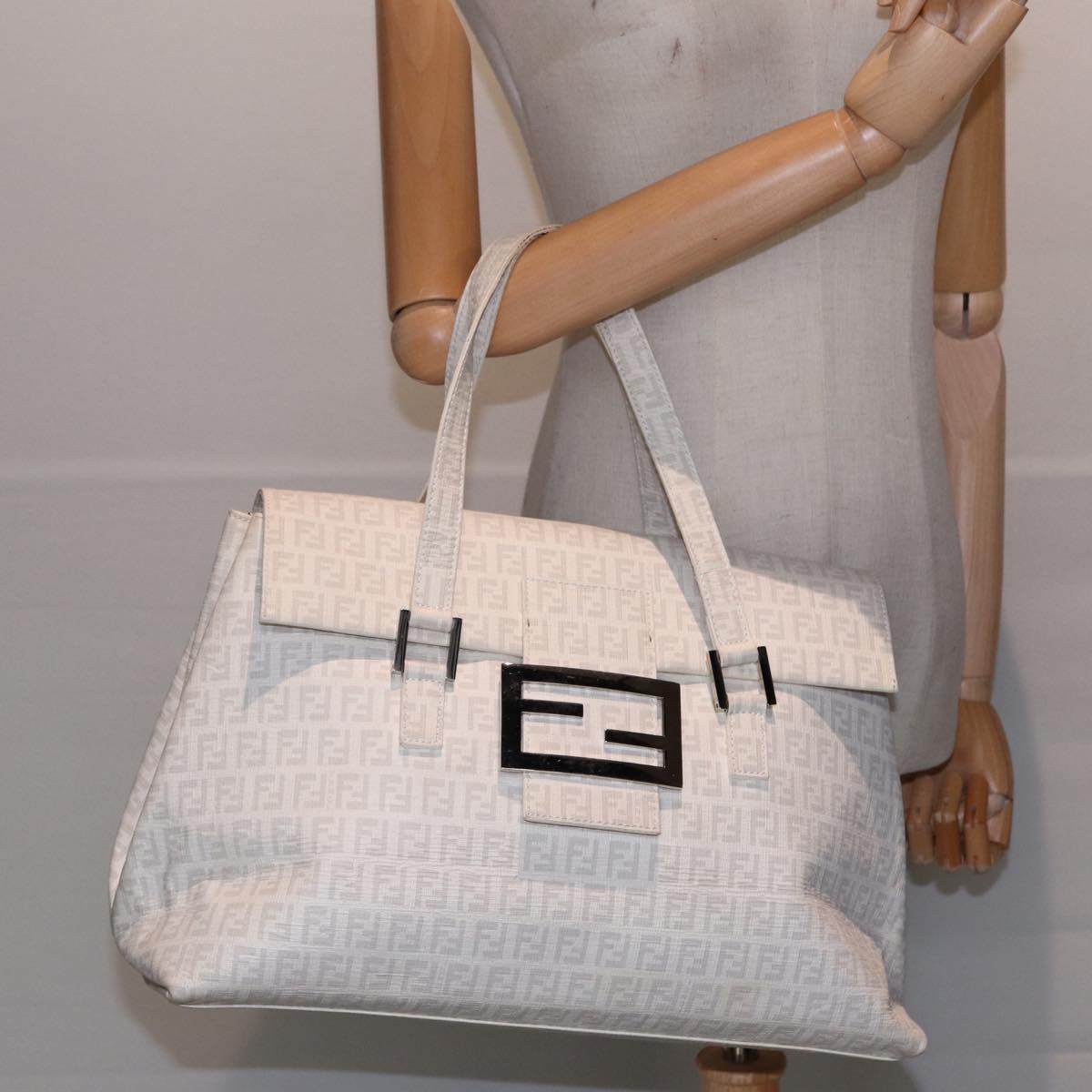 FENDI Zucchino Canvas Mamma Bucket Hand Bag White Silver 89238