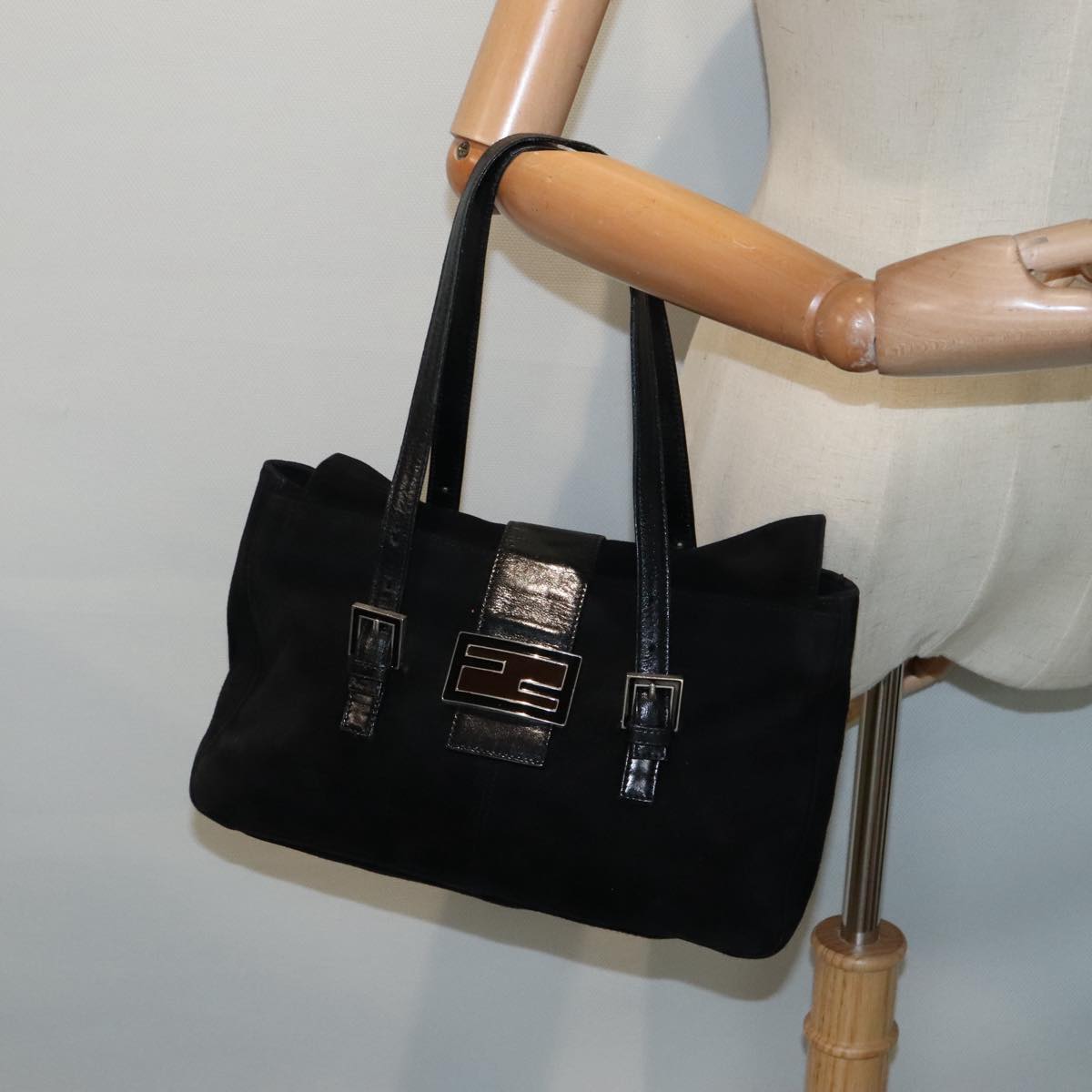 FENDI Hand Bag Suede Leather Black Silver 90200