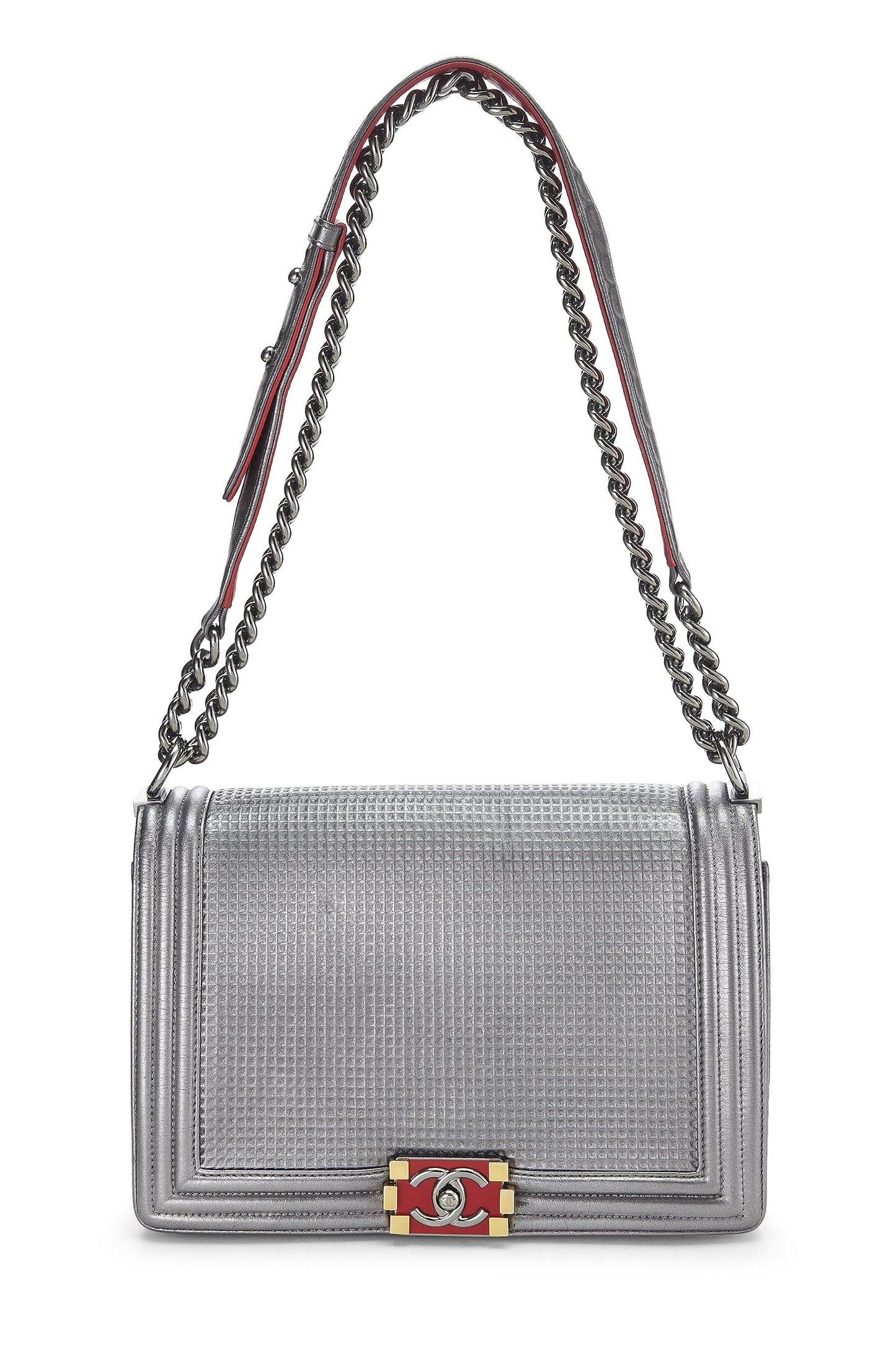 Chanel, Silver Cube Embossed Calfskin Boy Bag Medium, Silver