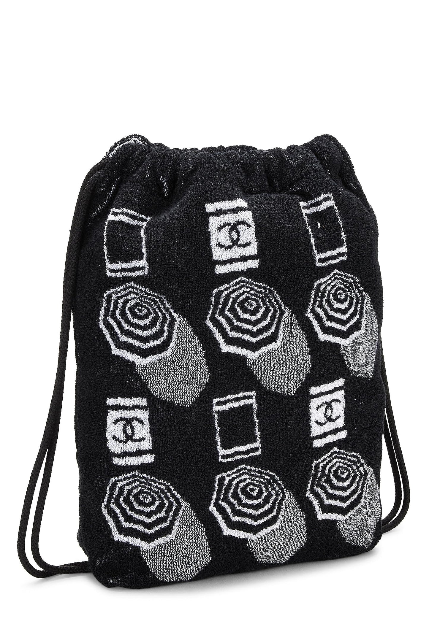 Chanel, Black Terry Cloth Drawstring Beach Backpack, Black