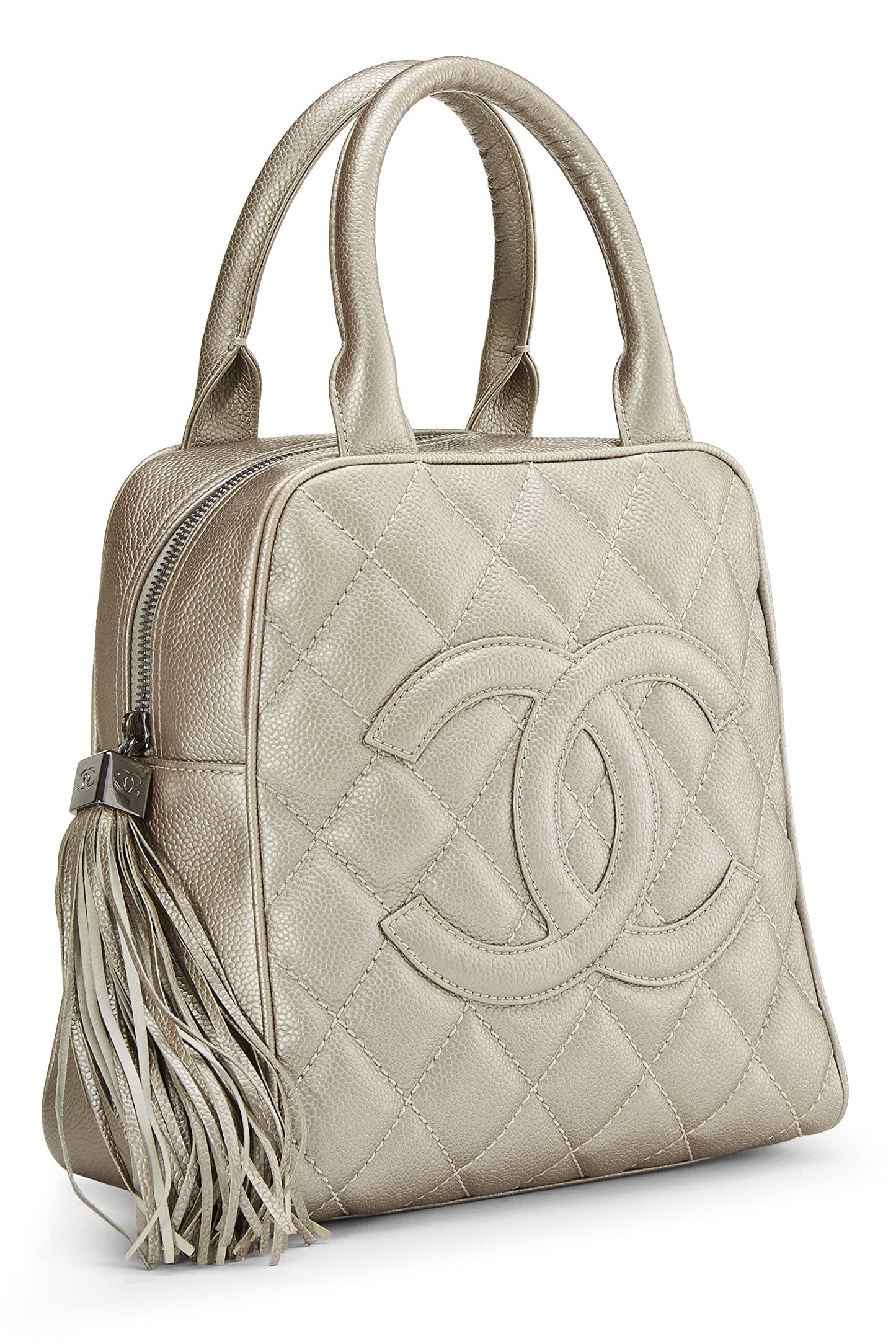 Chanel, Metallic Silver Quilted Caviar Tassel Handbag, Silver