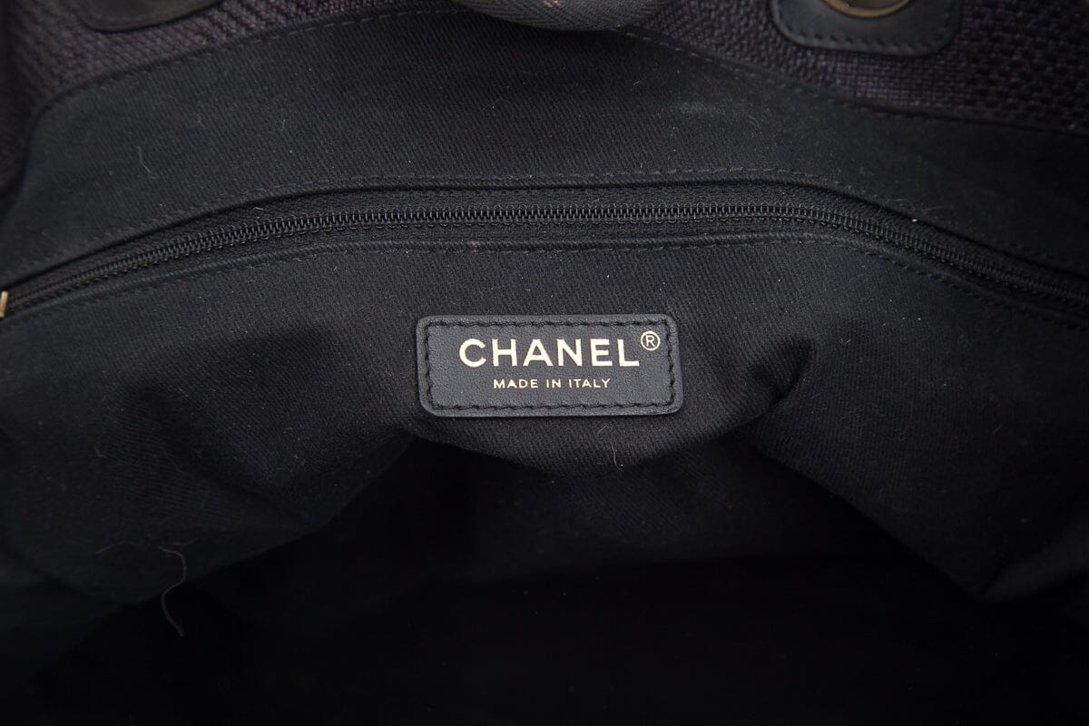 Chanel Chambray and Black Raffia Large Deauville Shopping Tote