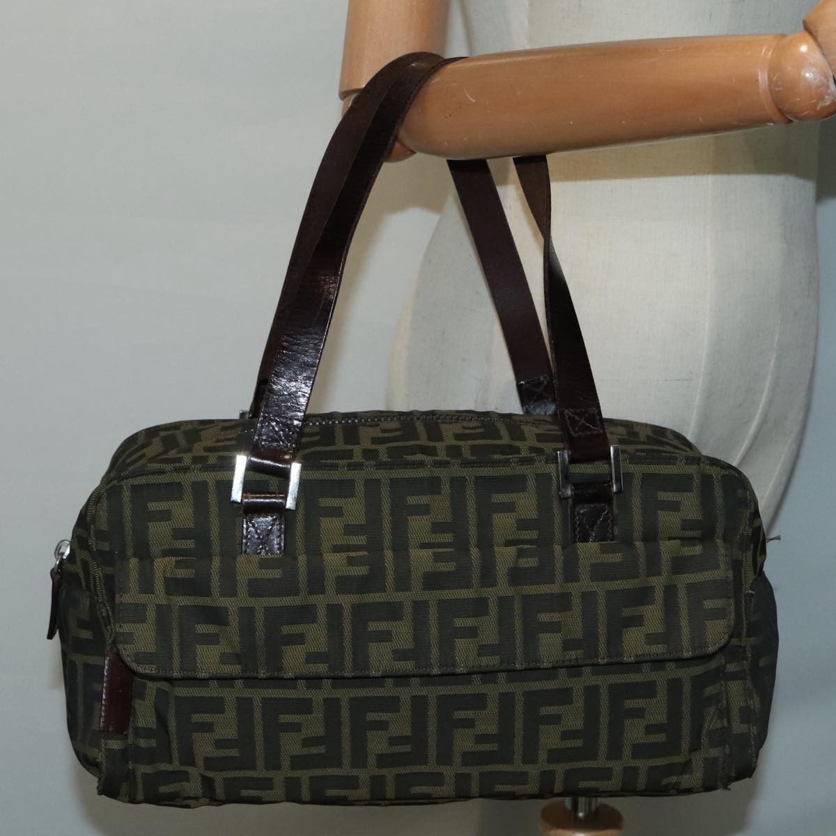 FENDI Zucca Canvas Hand Bag Brown Black Silver 93228