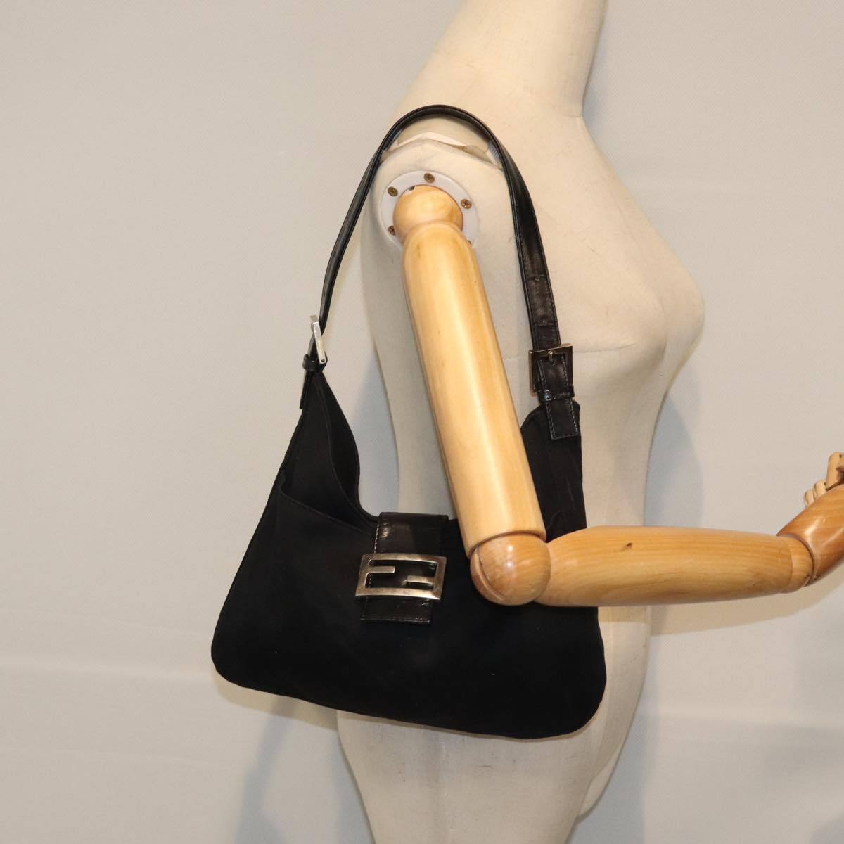 FENDI Mamma Baguette Shoulder Bag Nylon Black Silver 93465