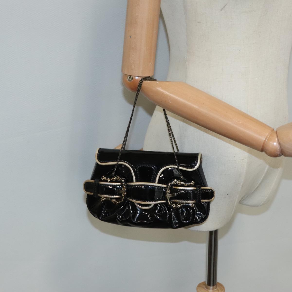 FENDI Chain Hand Bag Enamel Black 94130