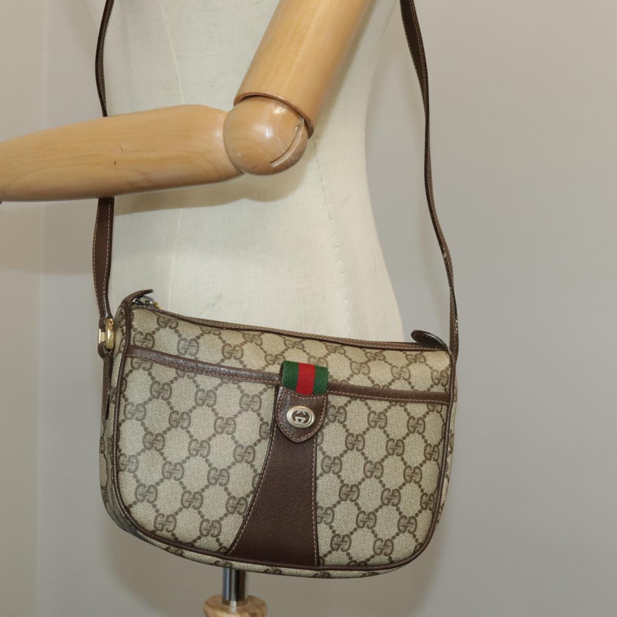 GUCCI GG Supreme Web Sherry Line Shoulder Bag PVC Beige 89 02 032 96515