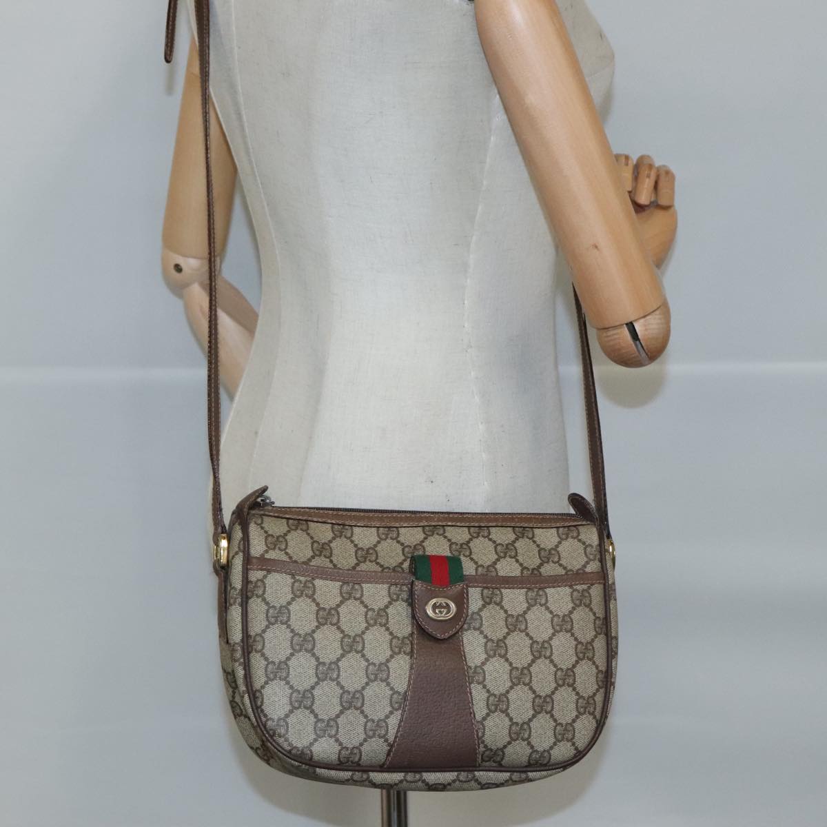 GUCCI GG Supreme Web Sherry Line Shoulder Bag PVC Beige 89 02 032 97594