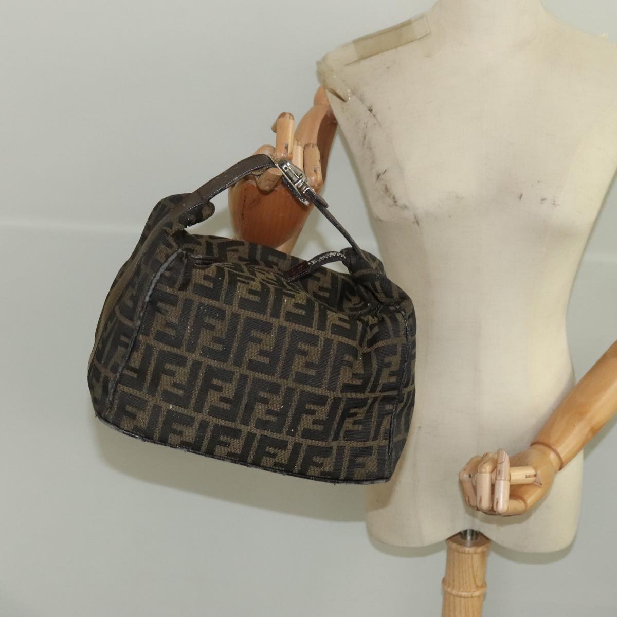 FENDI Zucca Canvas Vanity Pouch Brown Black Silver 98789