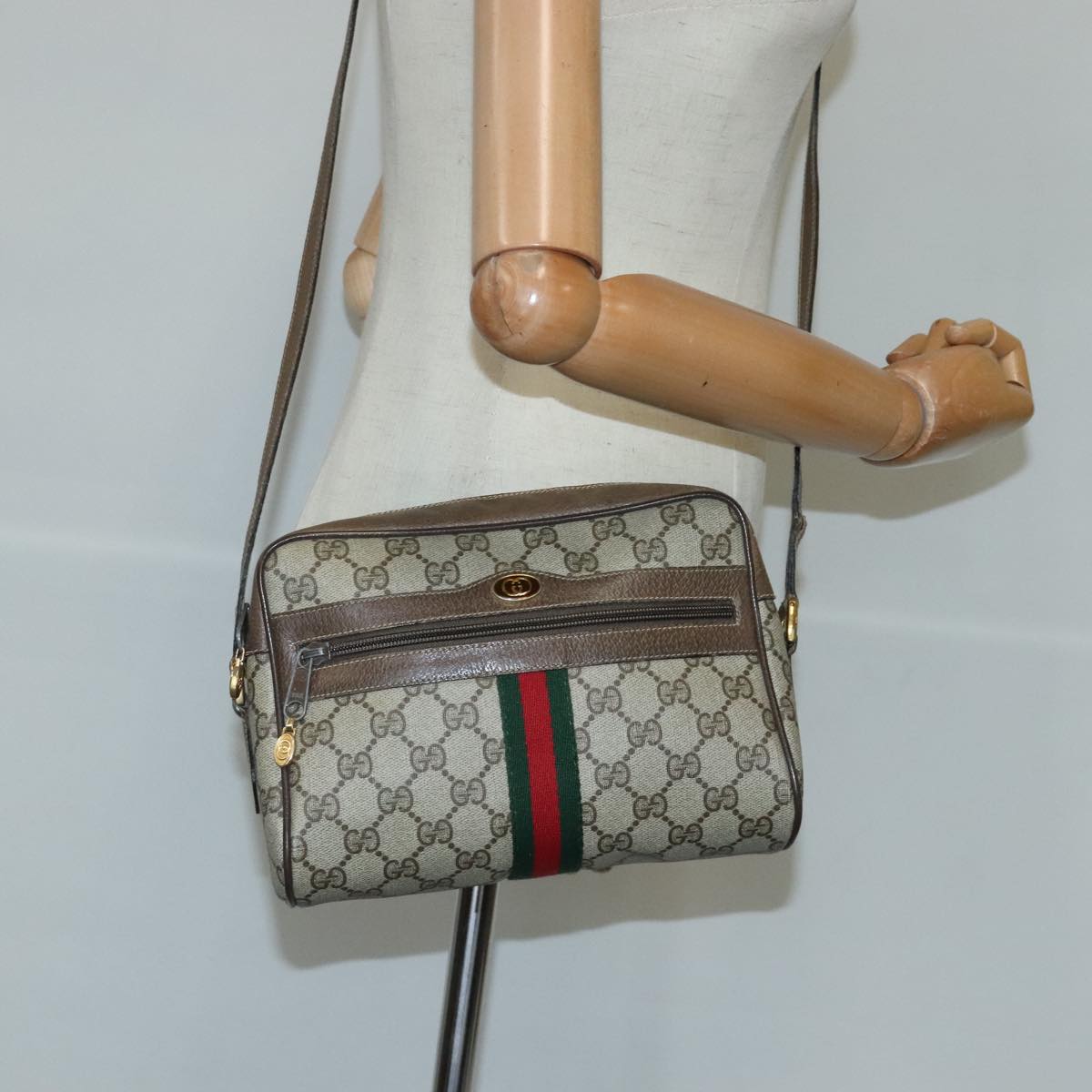 GUCCI GG Supreme Web Sherry Line Shoulder Bag PVC Beige Red 99032