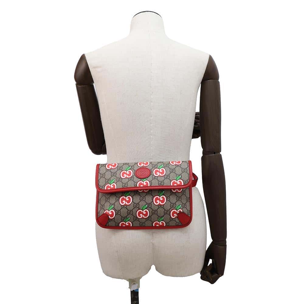 GUCCI Apple GG Supreme Repom Waist Bag Beige/Red 625233 PVC Leather