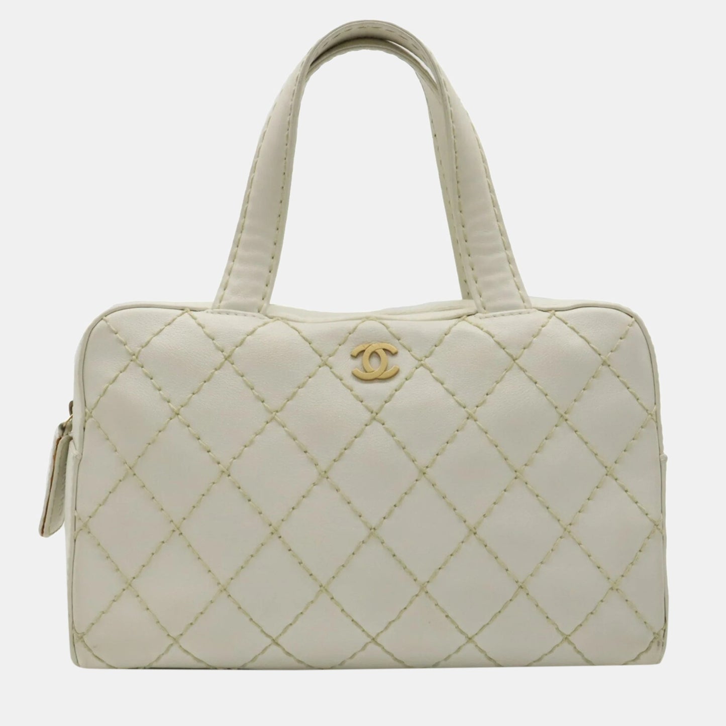 CHANEL Leather White Wild Stitch Handbag Boston Bag