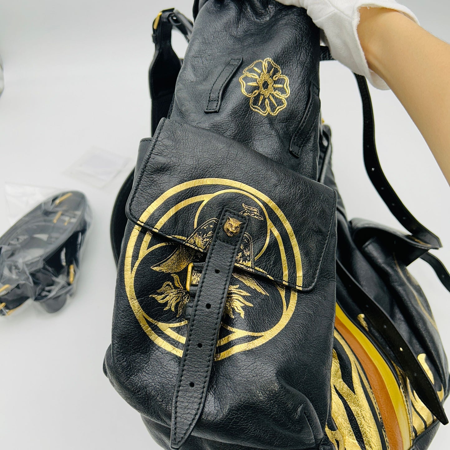 Gucci Leather Backpack With Metallic Prints In Gold LA33162