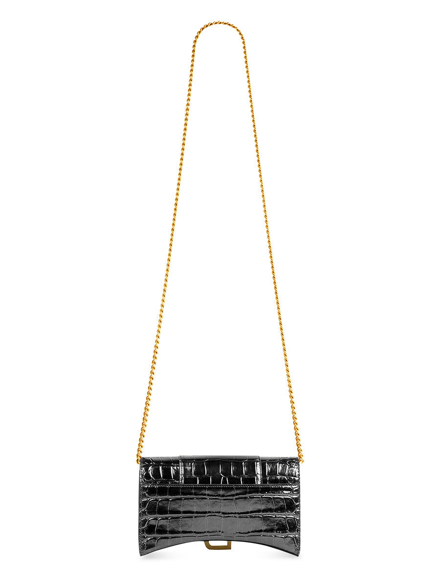 Hourglass Wallet With Chain Crocodile Embossed Leather in Black