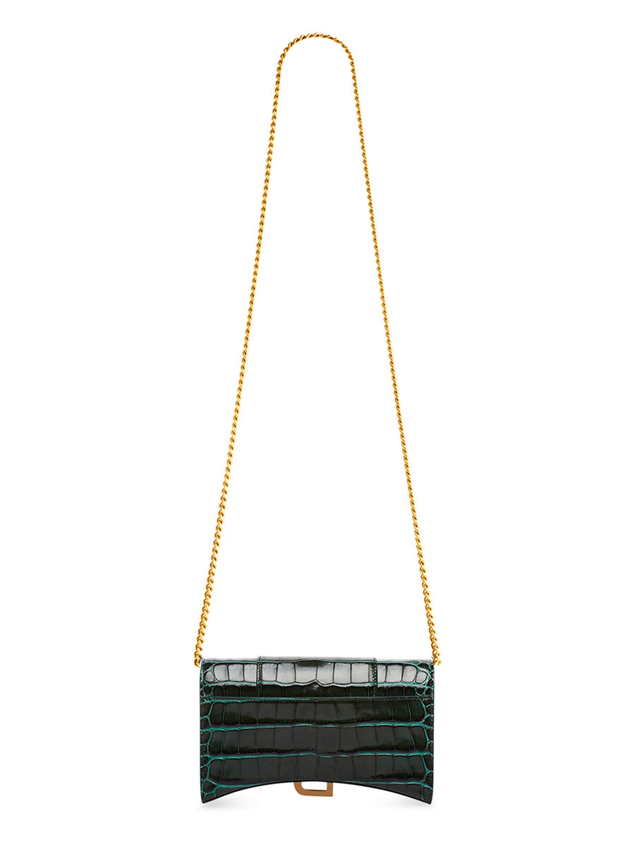 Hourglass Wallet With Chain Crocodile Embossed Leather in Forest Green