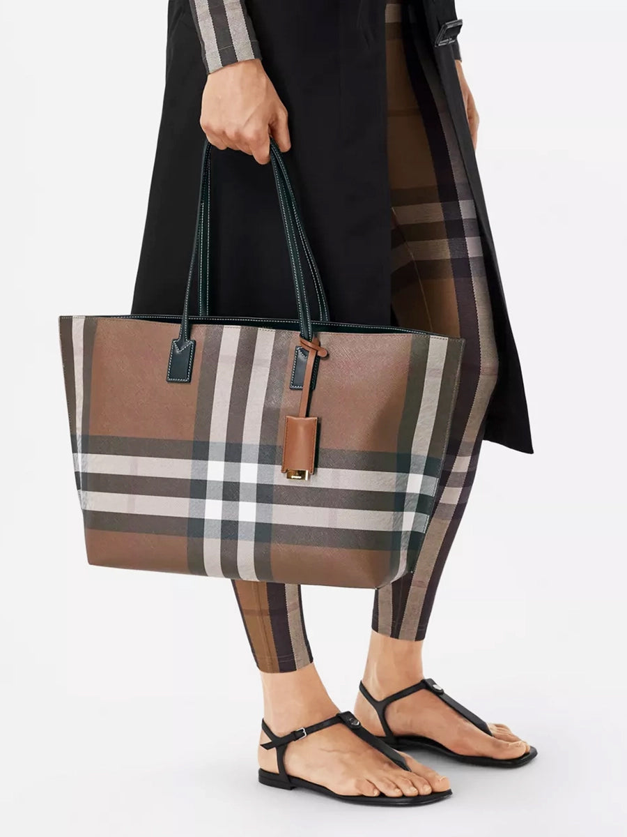 Check and Leather Medium Tote in Dark Birch Brown