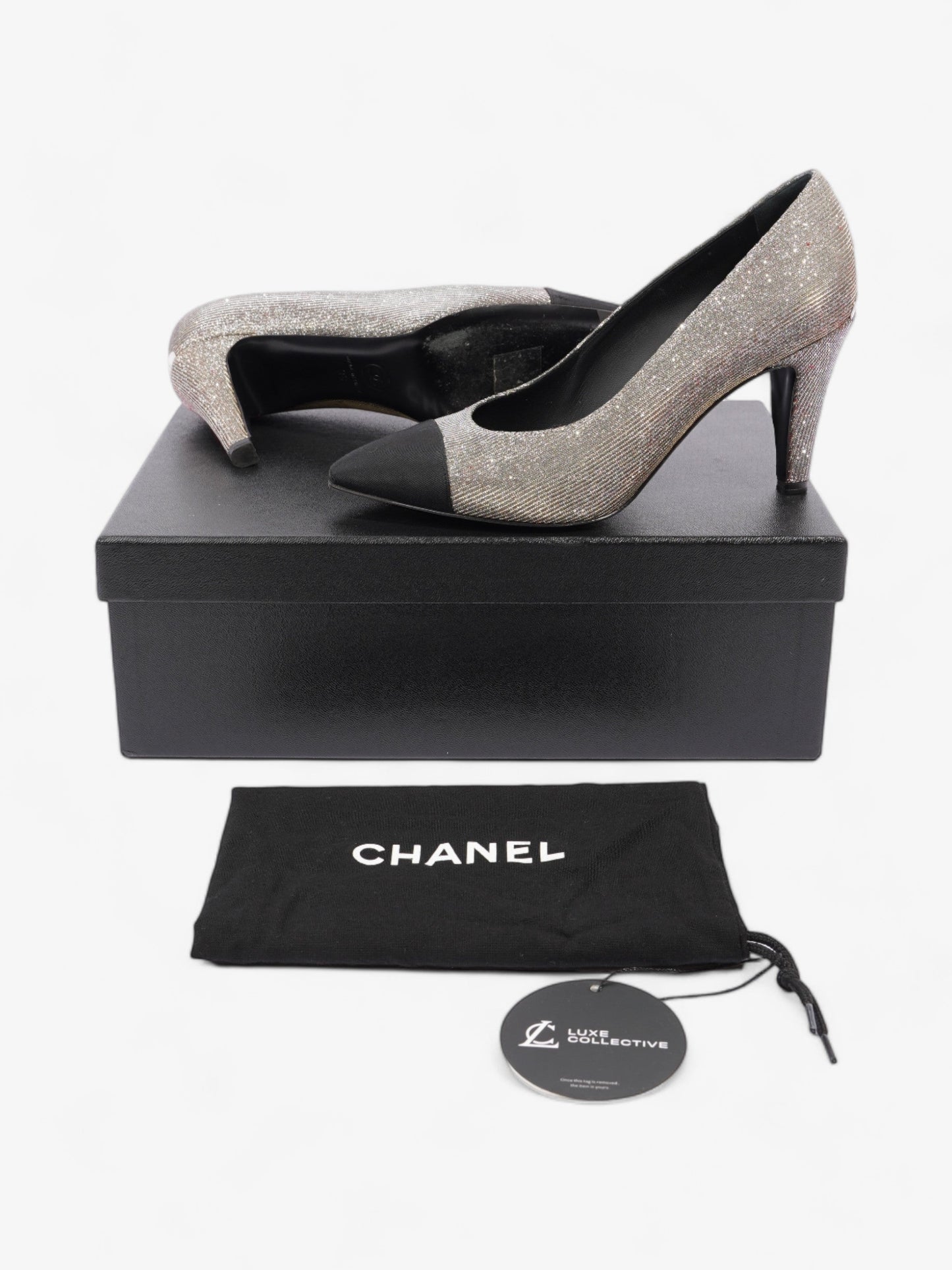 Chanel Pointed Cap Toe Pumps 70mm Black / Gold Canvas EU 36 UK 3