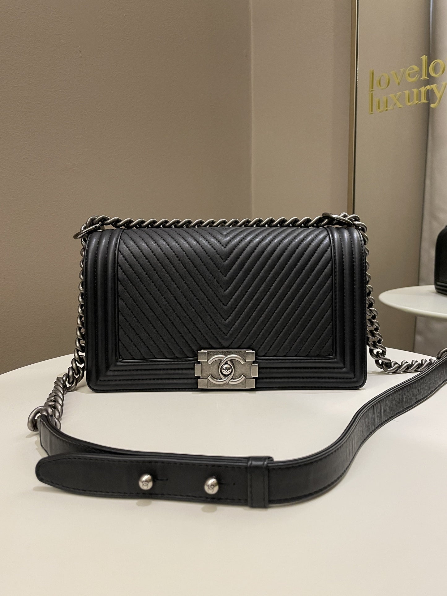 Chanel Herringbone Chevron Boy Old Medium Black Calfskin