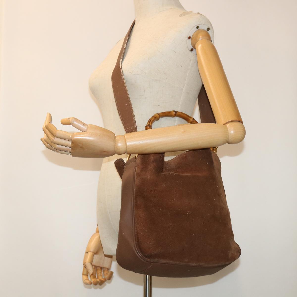 GUCCI Bamboo Shoulder Bag Suede 2way Brown ac2140