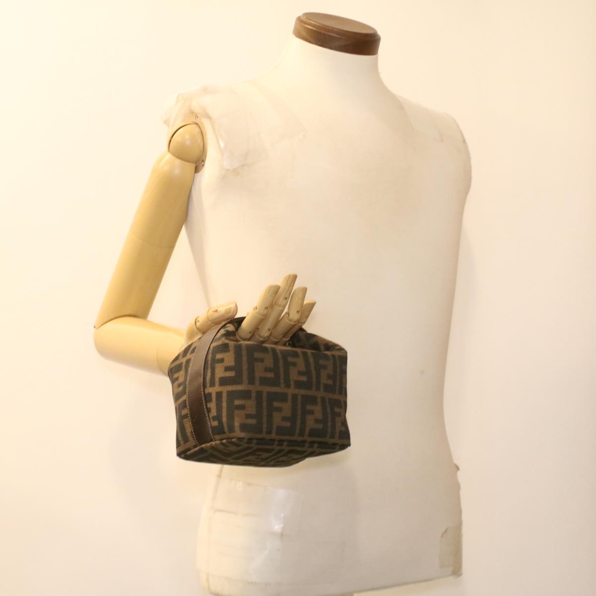 FENDI Zucca Canvas hand Pouch Nylon Brown Black am3972