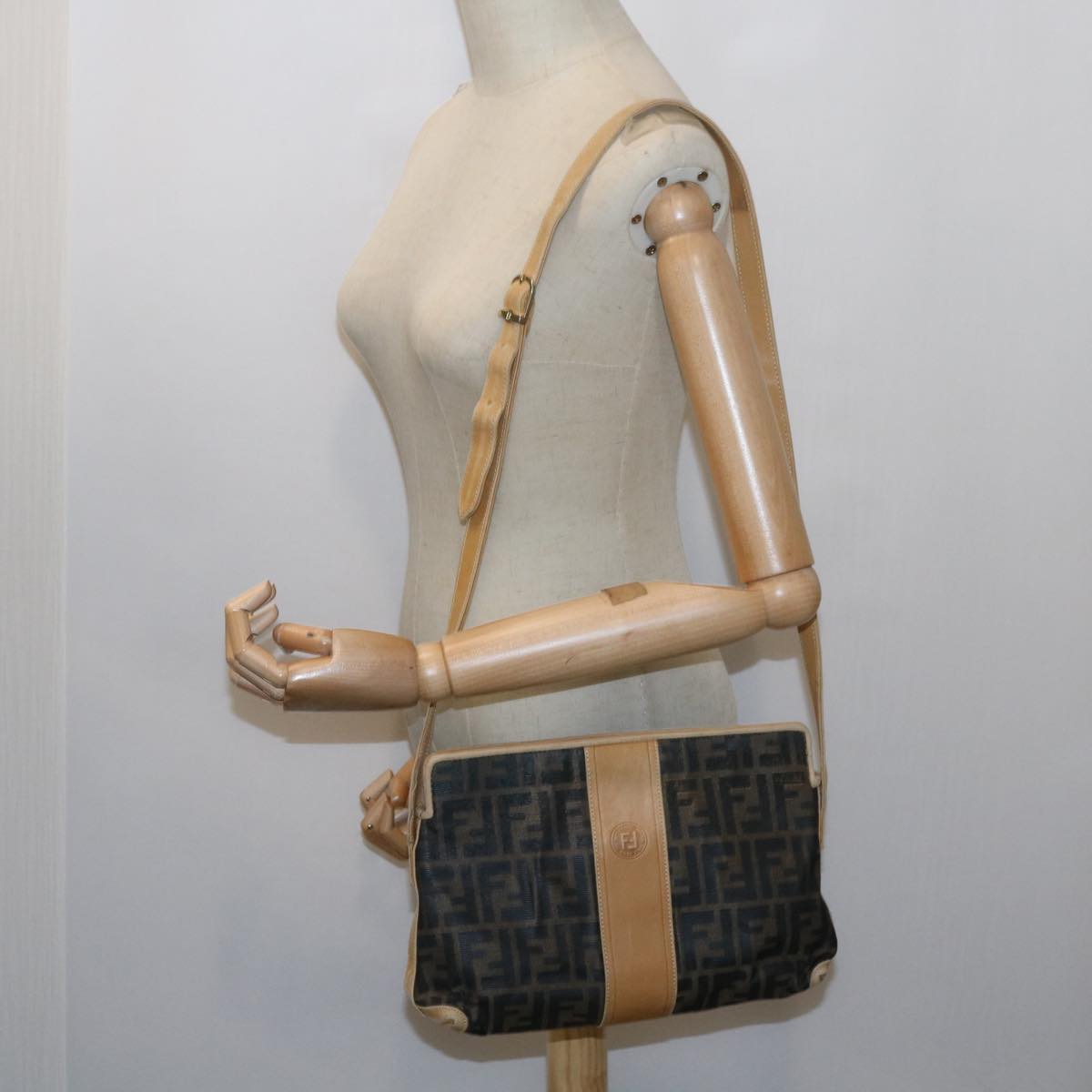 FENDI Zucca Canvas Shoulder Bag Black Brown am5406