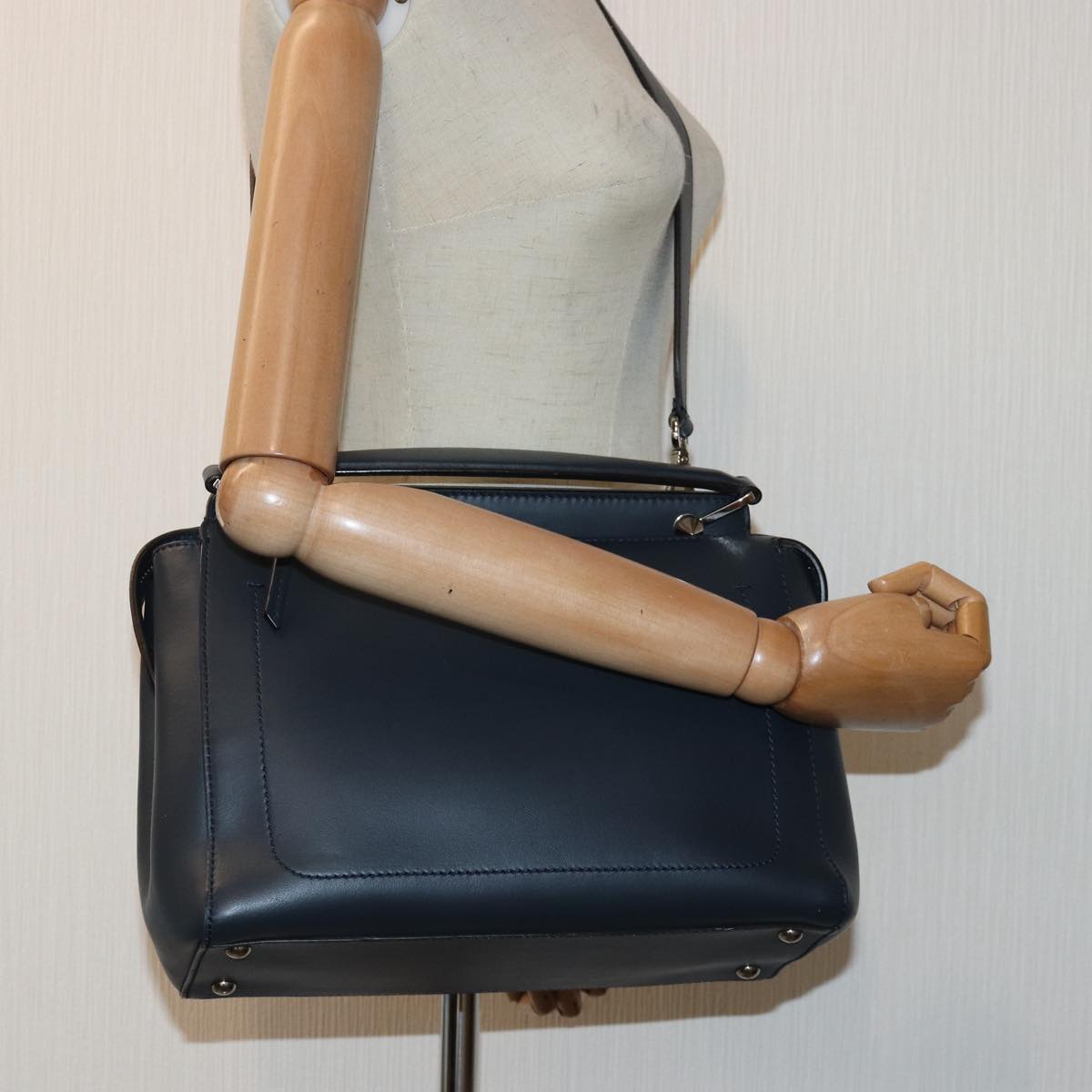 FENDI Dot Com Hand Bag Leather 2way Navy ar12222