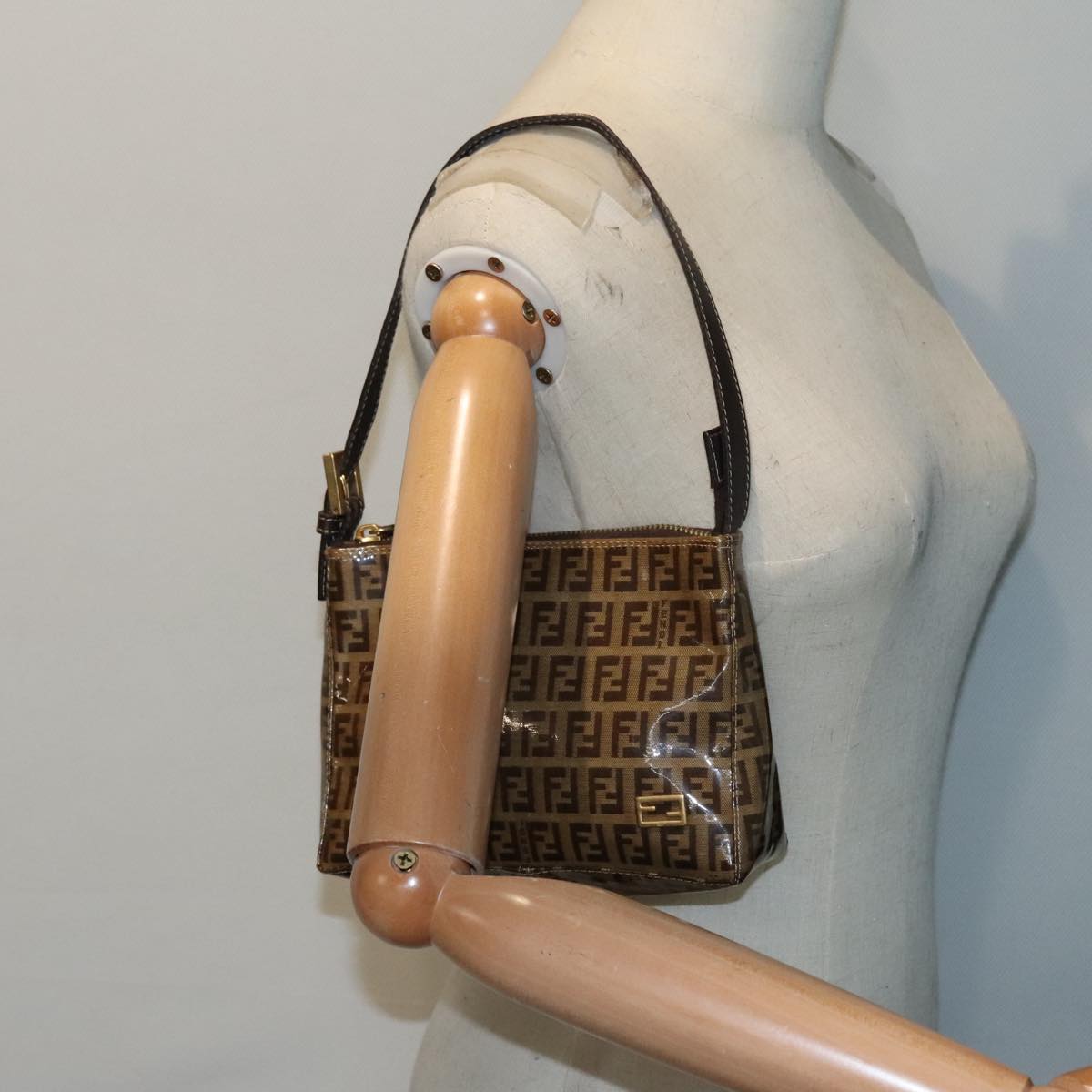 FENDI Zucchino Canvas Hand Bag Brown Gold ar12553