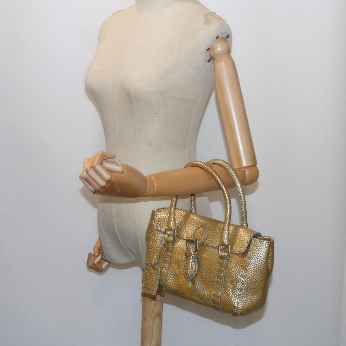 FENDI Hand Bag Leather Gold Tone bs10423