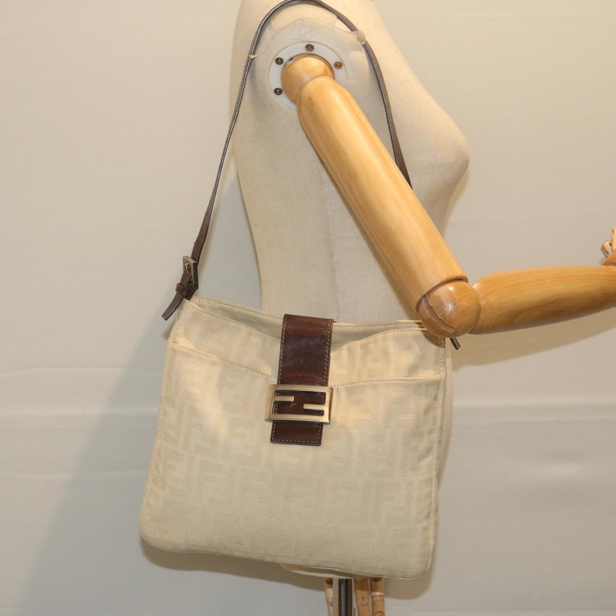 FENDI Zucca Canvas Mamma Baguette Shoulder Bag Beige 2348 26727 008 bs10534