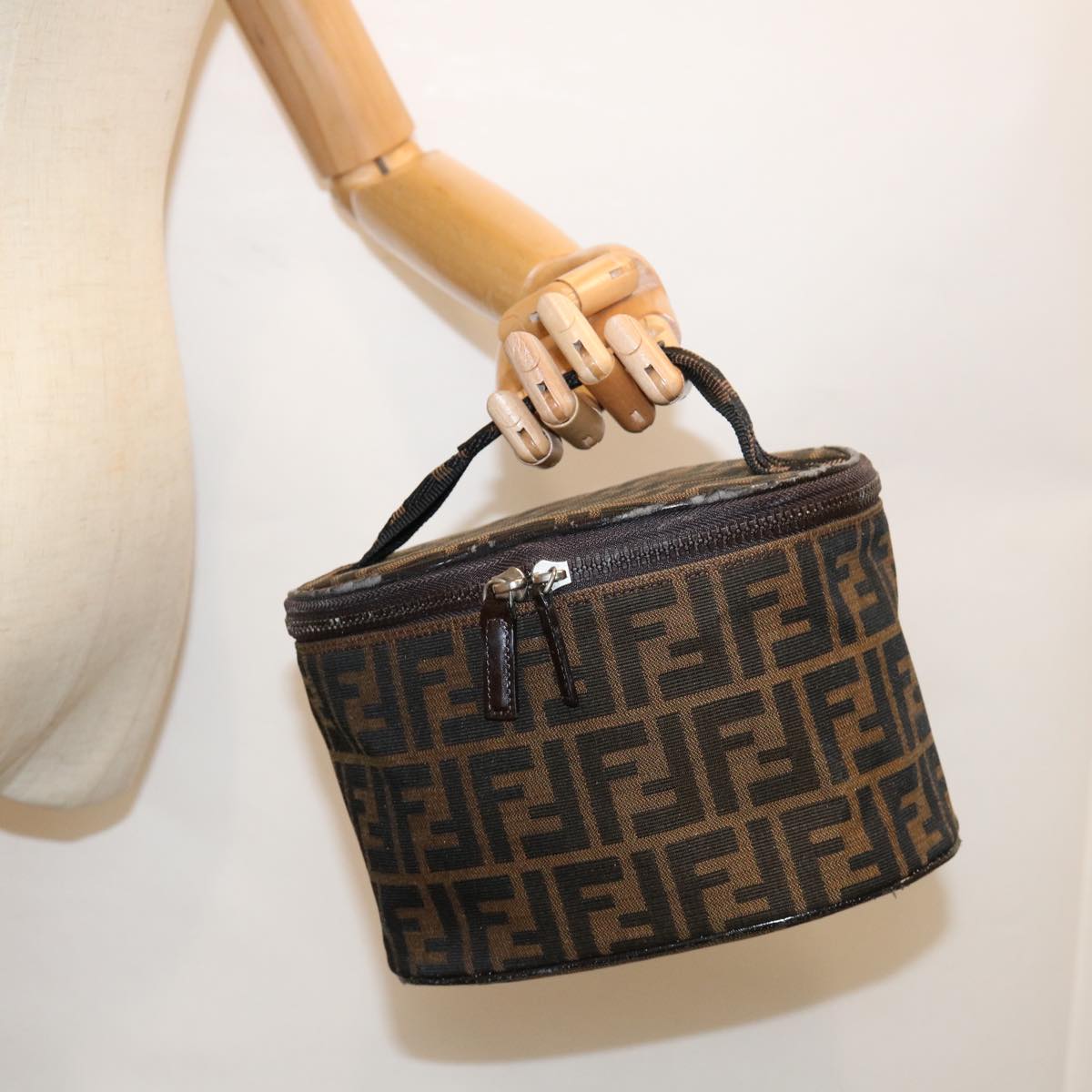FENDI Zucca Canvas Vanity Pouch Brown Black bs11466