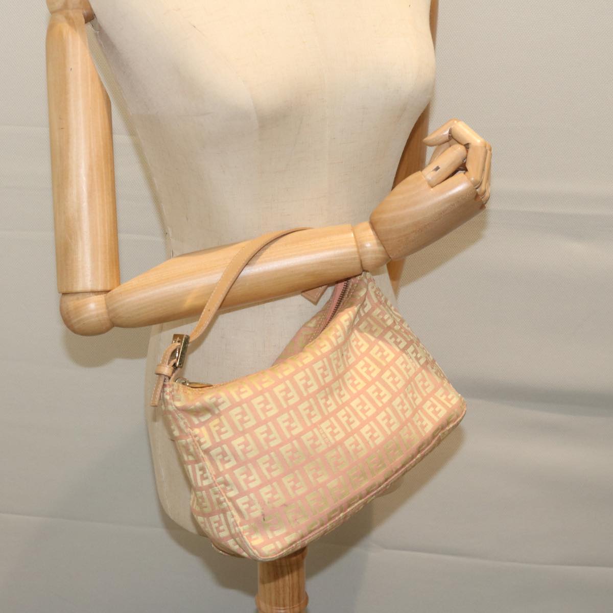 FENDI Zucchino Canvas Shoulder Bag Gold Tone bs11478
