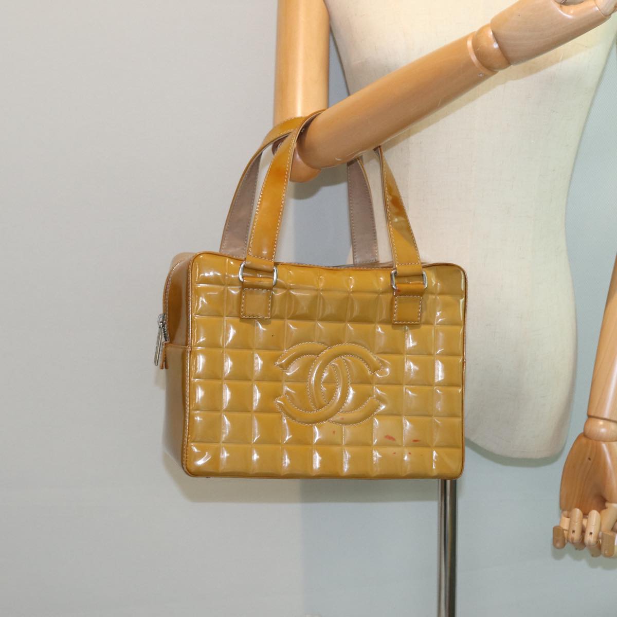 CHANEL Choco Bar Hand Bag Patent leather Yellow CC bs15398