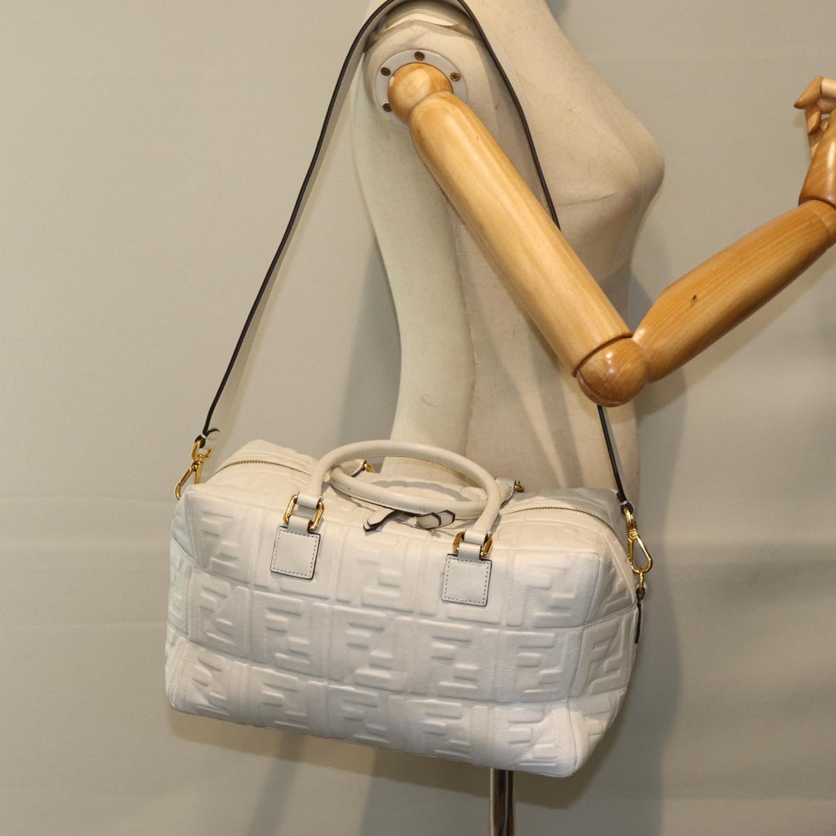 FENDI Zucca Canvas Hand Bag Leather 2way White bs15482